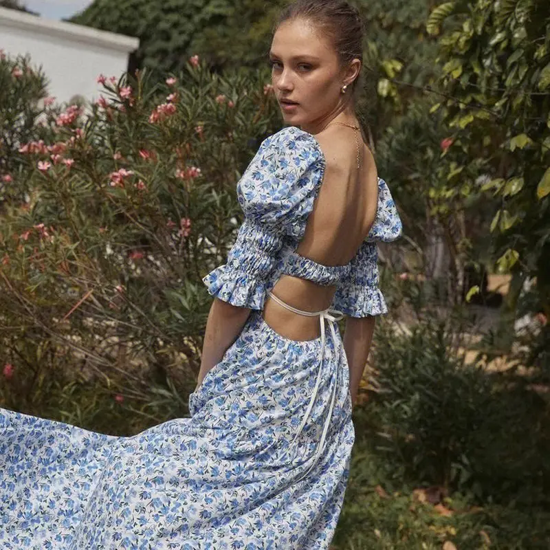 Summer Women's Bubble Sleeve Floral Dress Square Neck Backless Beach Holiday Fairy Long Dress