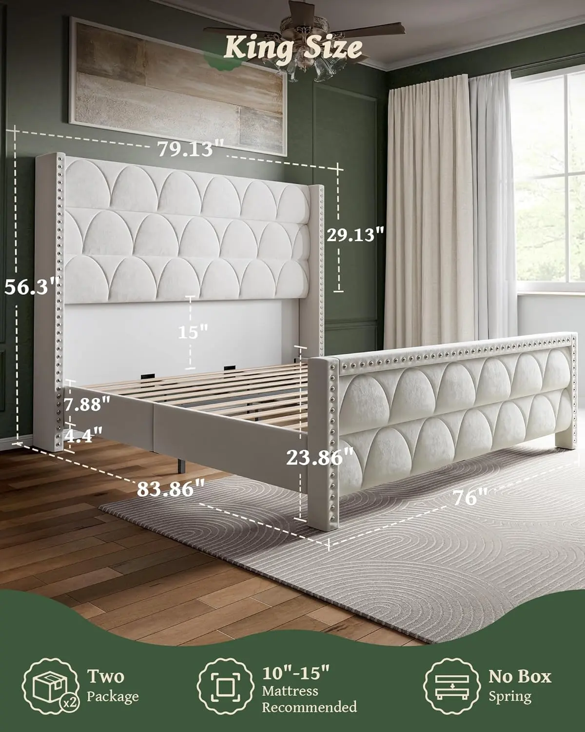 King Size Bed Frame with 56" Headboard - 1000LBS Capacity Support, Velvet Upholstered Wingback Platform Bed Frame