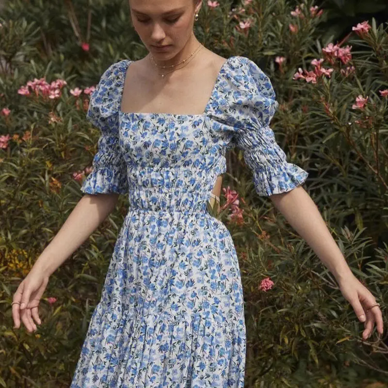 Summer Women's Bubble Sleeve Floral Dress Square Neck Backless Beach Holiday Fairy Long Dress