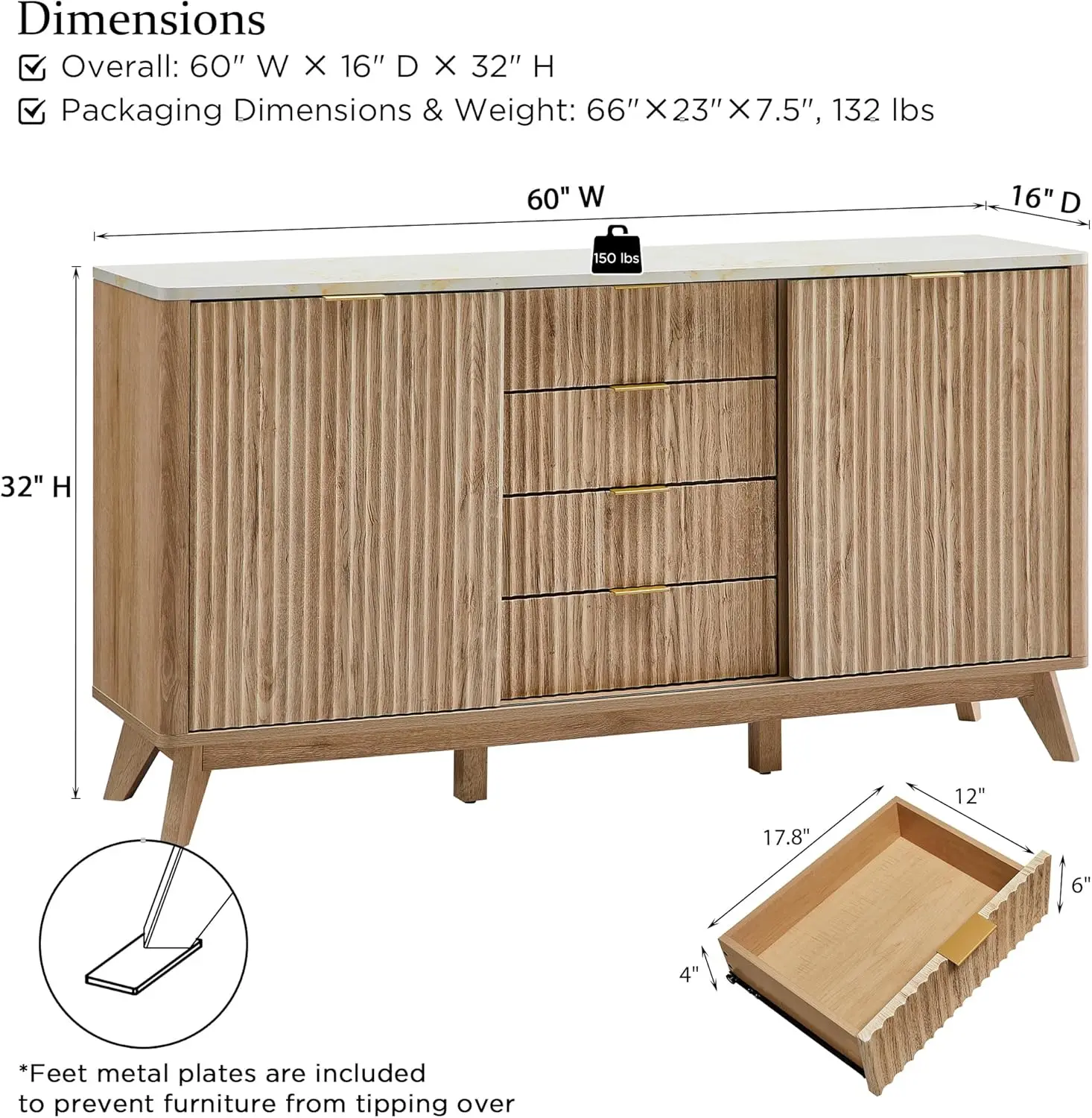 60" Fluted Dresser with Sliding Doors and 4 Drawers, Modern Chest w/Faux Marble Top, Curved Profile Design, Dresser TV Stand