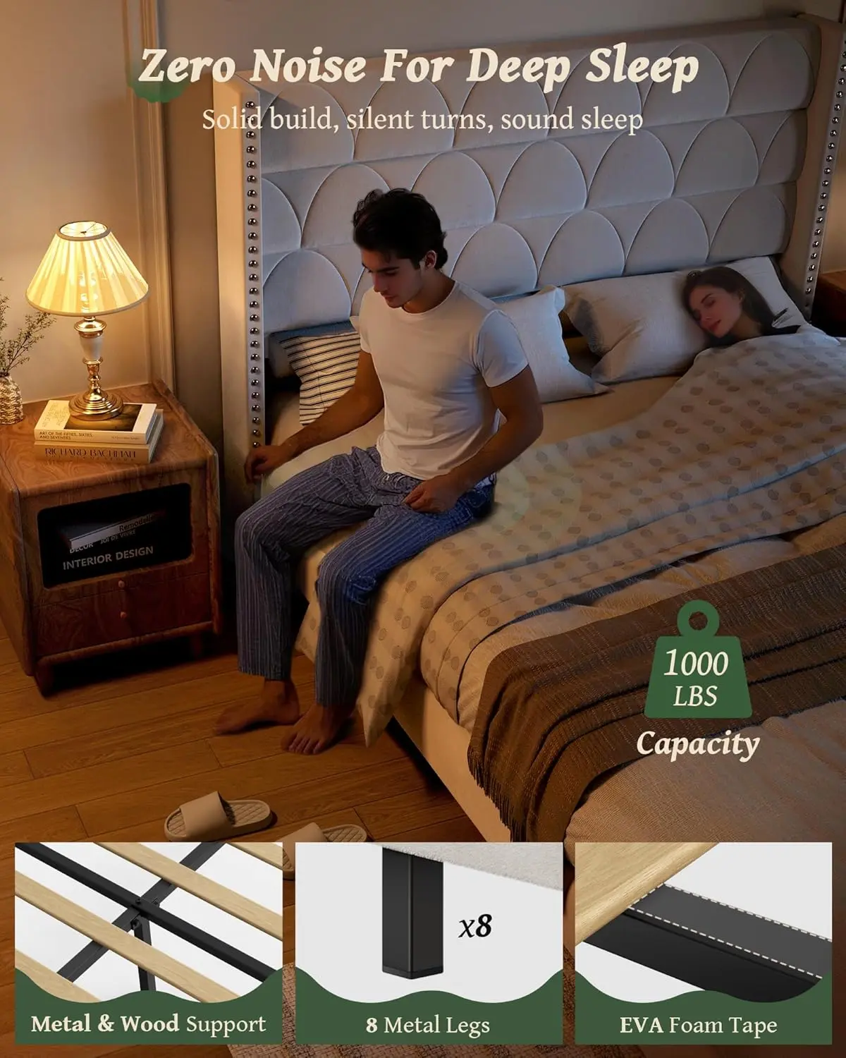 King Size Bed Frame with 56" Headboard - 1000LBS Capacity Support, Velvet Upholstered Wingback Platform Bed Frame