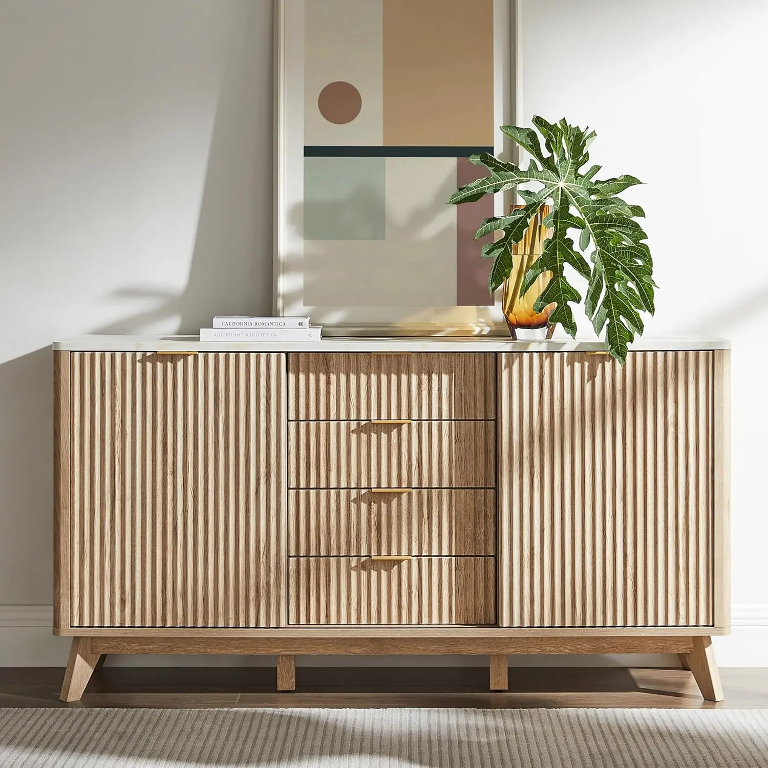 60" Fluted Dresser with Sliding Doors and 4 Drawers, Modern Chest w/Faux Marble Top, Curved Profile Design, Dresser TV Stand