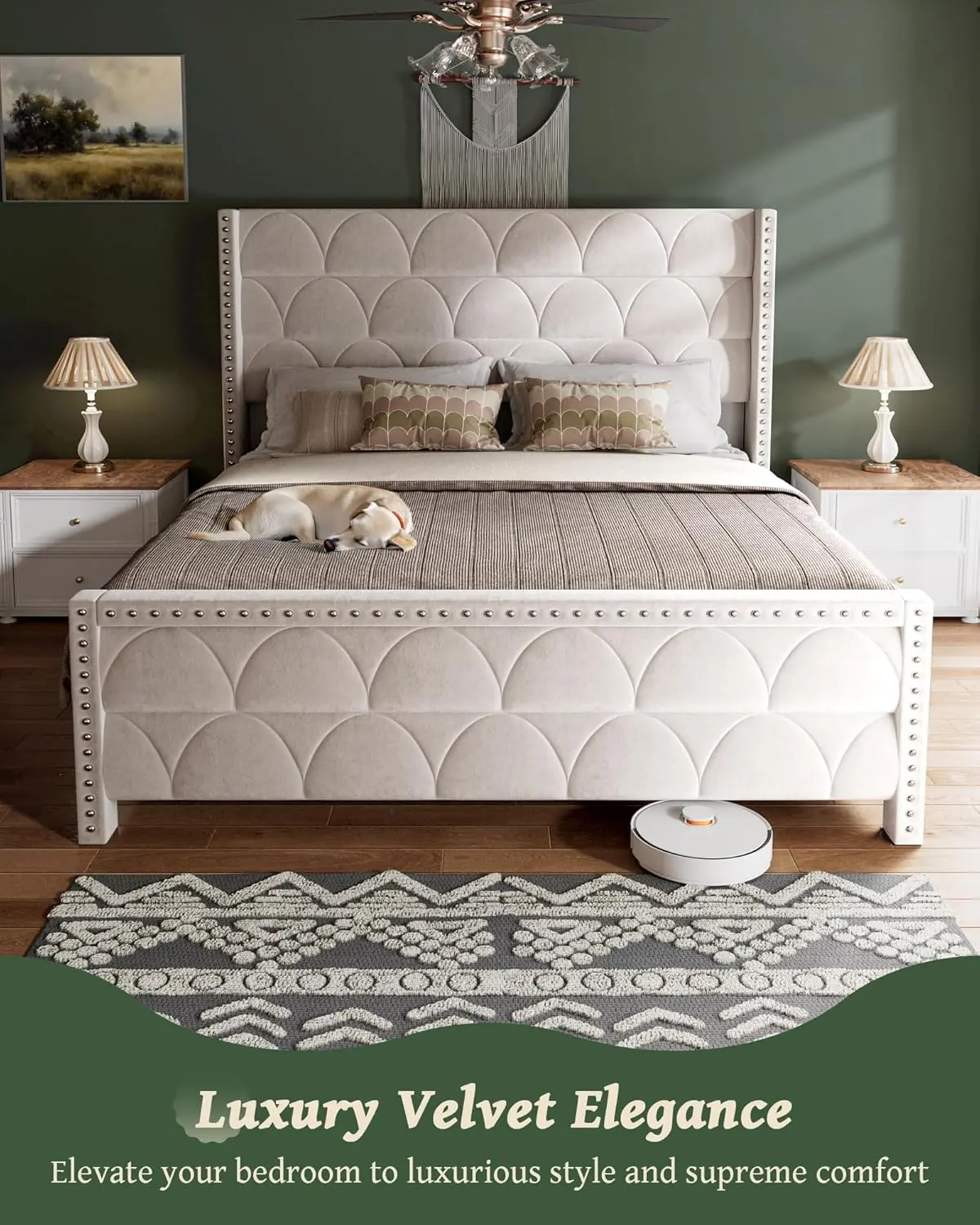 King Size Bed Frame with 56" Headboard - 1000LBS Capacity Support, Velvet Upholstered Wingback Platform Bed Frame