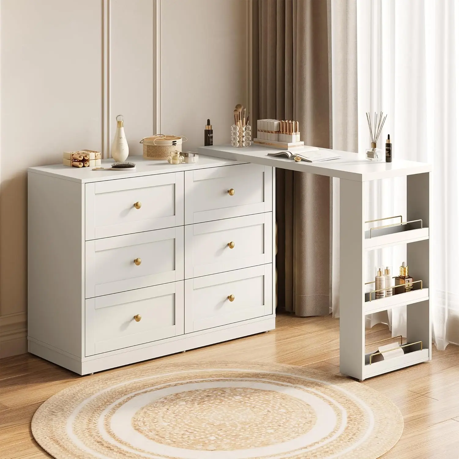 Vanity Desk and Dresser Combo, 76" L Extendable Big Makeup Vainty with 6 Drawer Dresser and 3 Side Shelves, Wood Corner