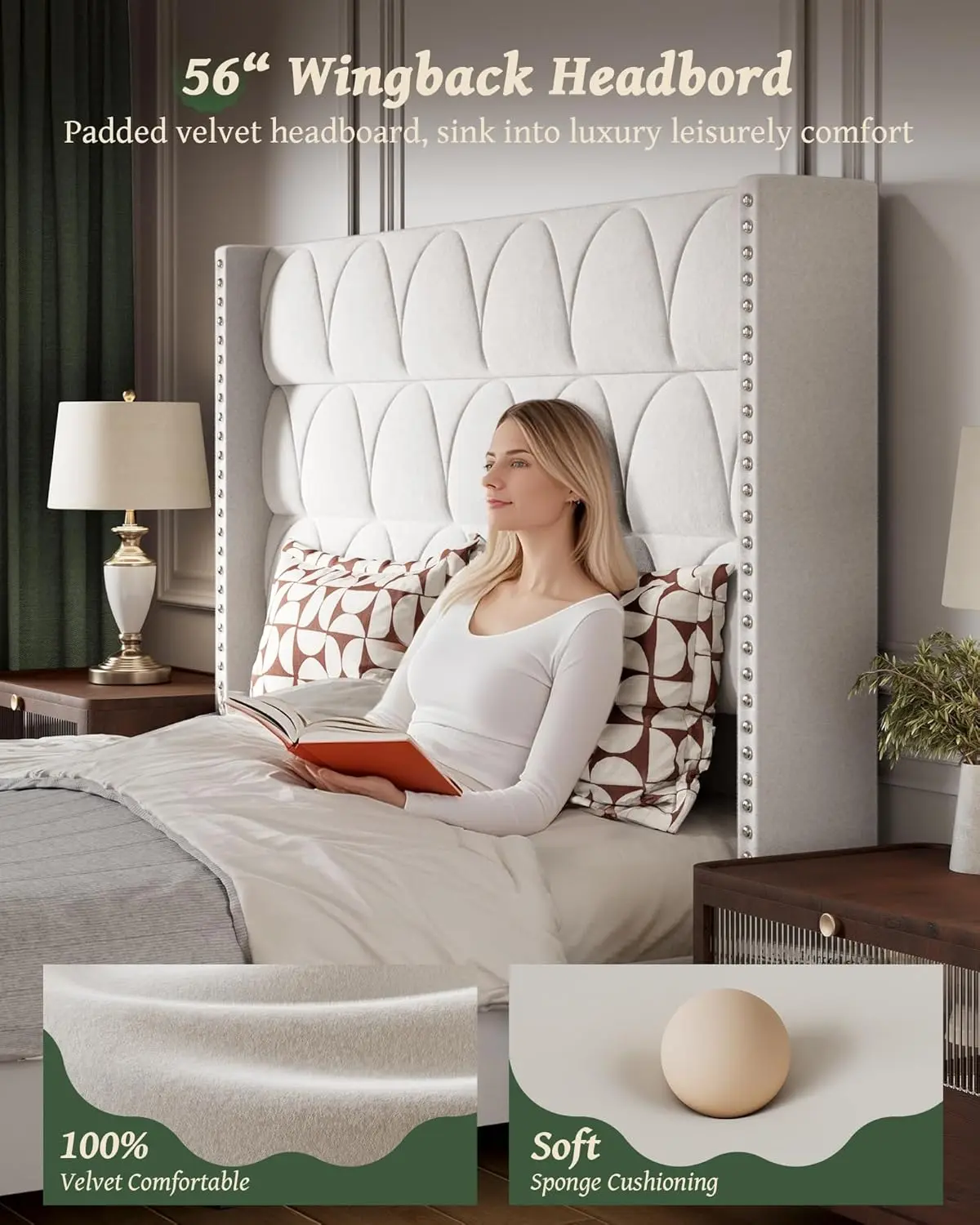 King Size Bed Frame with 56" Headboard - 1000LBS Capacity Support, Velvet Upholstered Wingback Platform Bed Frame