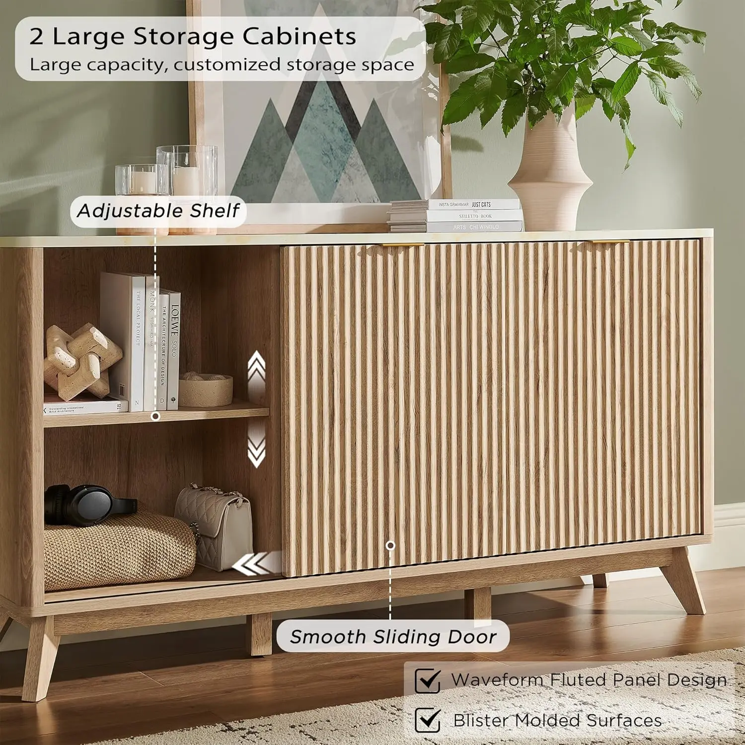60" Fluted Dresser with Sliding Doors and 4 Drawers, Modern Chest w/Faux Marble Top, Curved Profile Design, Dresser TV Stand