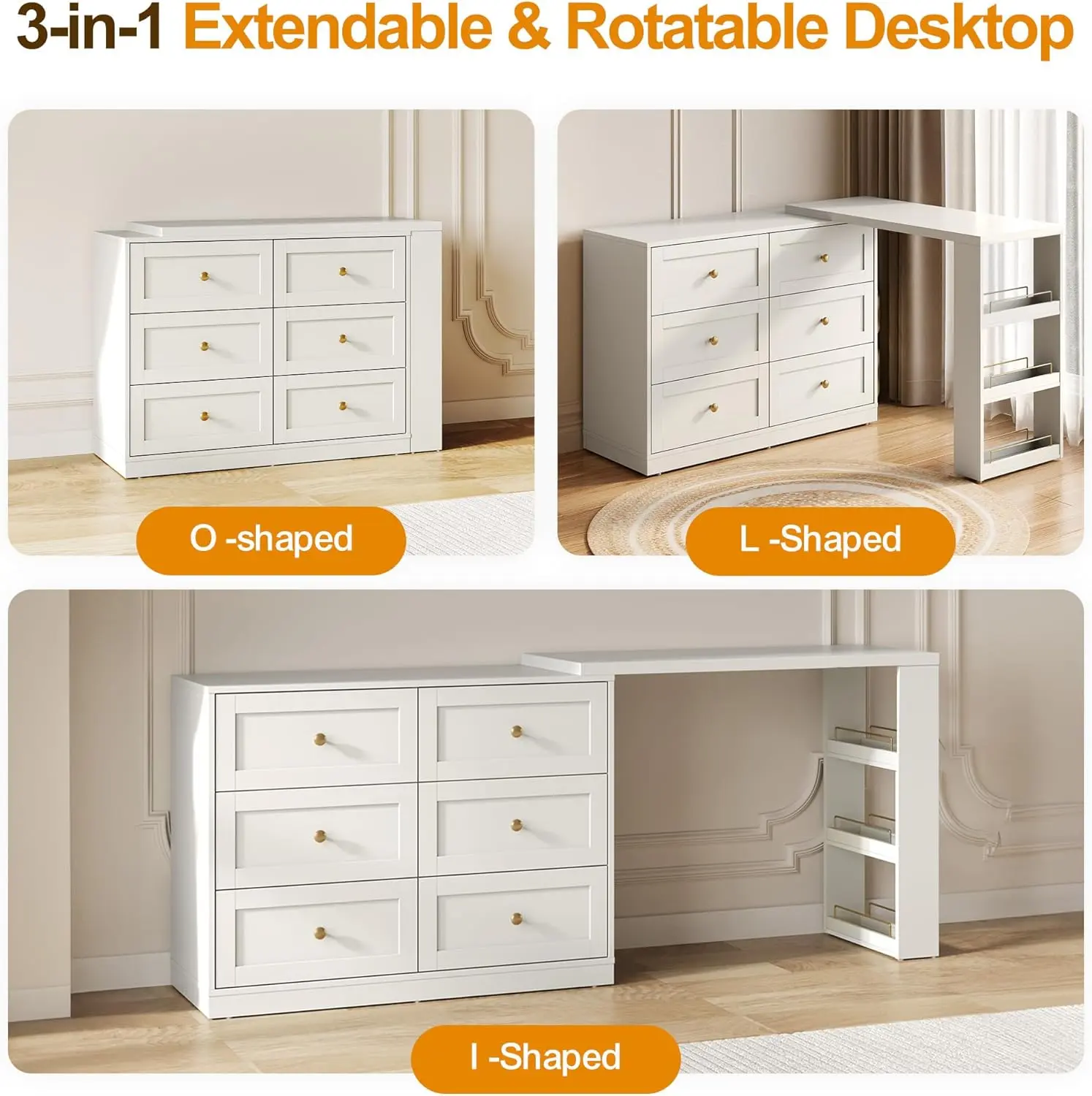 Vanity Desk and Dresser Combo, 76" L Extendable Big Makeup Vainty with 6 Drawer Dresser and 3 Side Shelves, Wood Corner