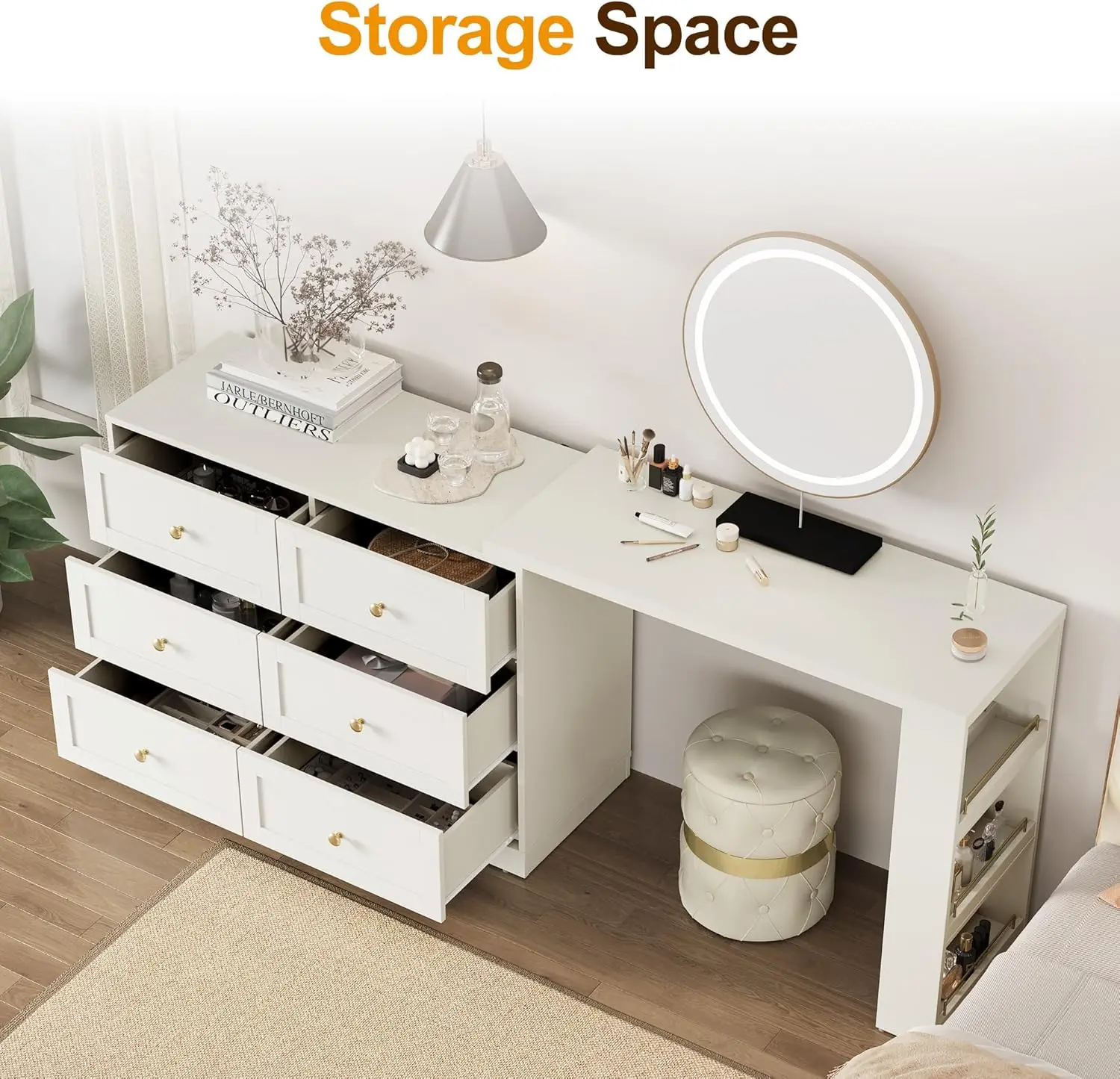 Vanity Desk and Dresser Combo, 76" L Extendable Big Makeup Vainty with 6 Drawer Dresser and 3 Side Shelves, Wood Corner