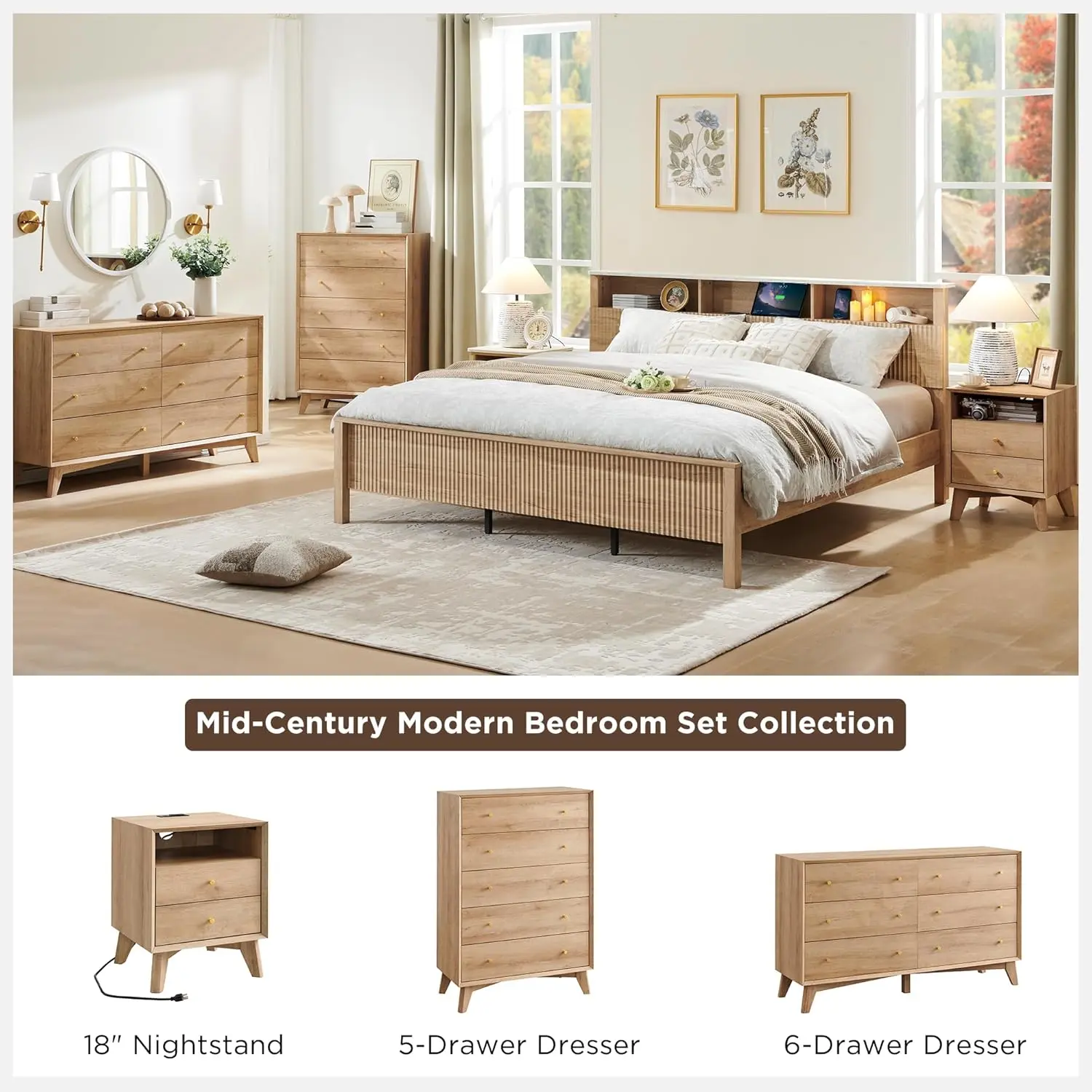 6 Drawer Dresser, 54" Wide Mid Century Modern Chest of Drawers, Beveled Profile Design, Wood Drawer Organizer