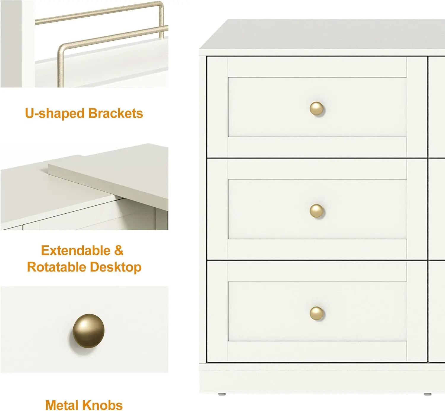 Vanity Desk and Dresser Combo, 76" L Extendable Big Makeup Vainty with 6 Drawer Dresser and 3 Side Shelves, Wood Corner