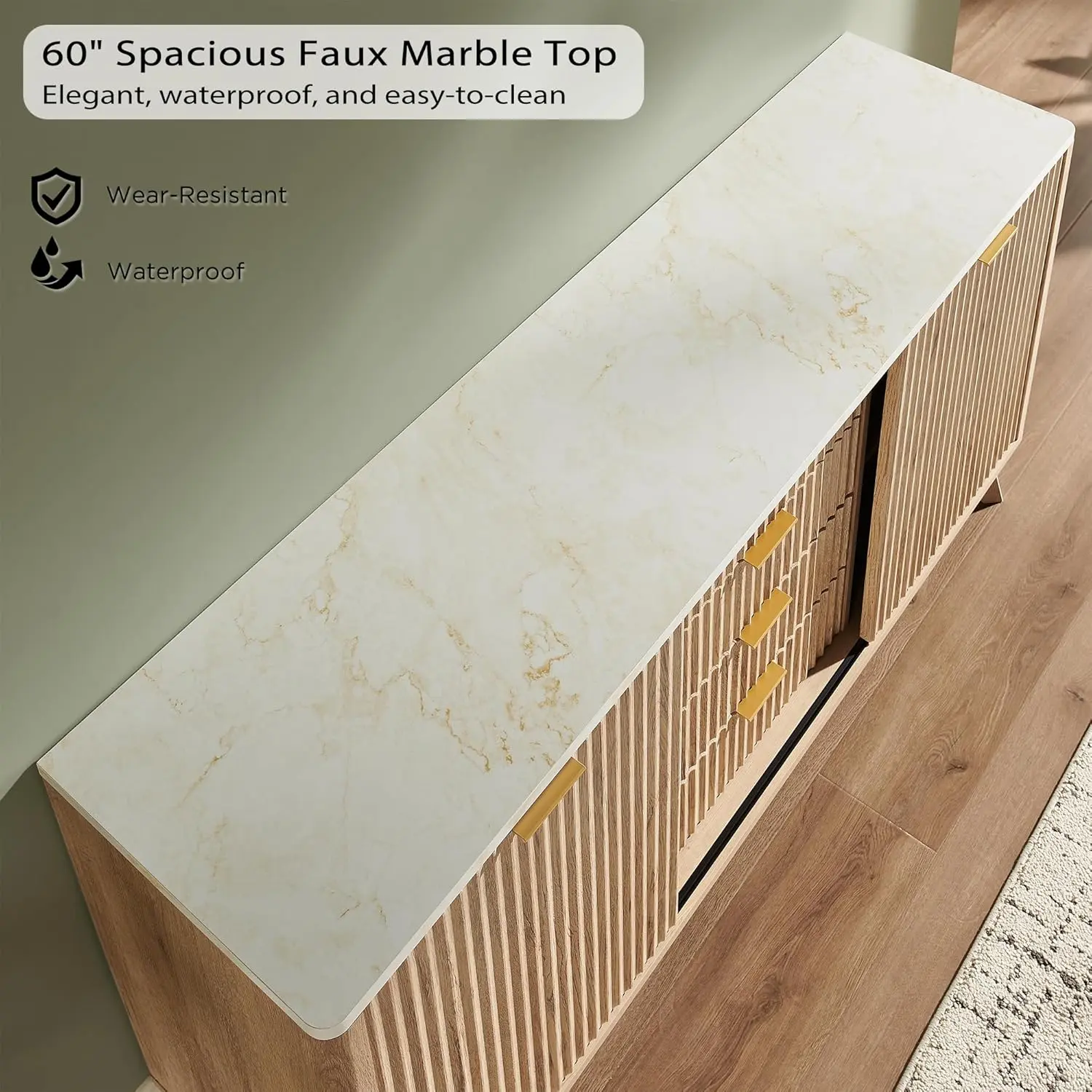 60" Fluted Dresser with Sliding Doors and 4 Drawers, Modern Chest w/Faux Marble Top, Curved Profile Design, Dresser TV Stand