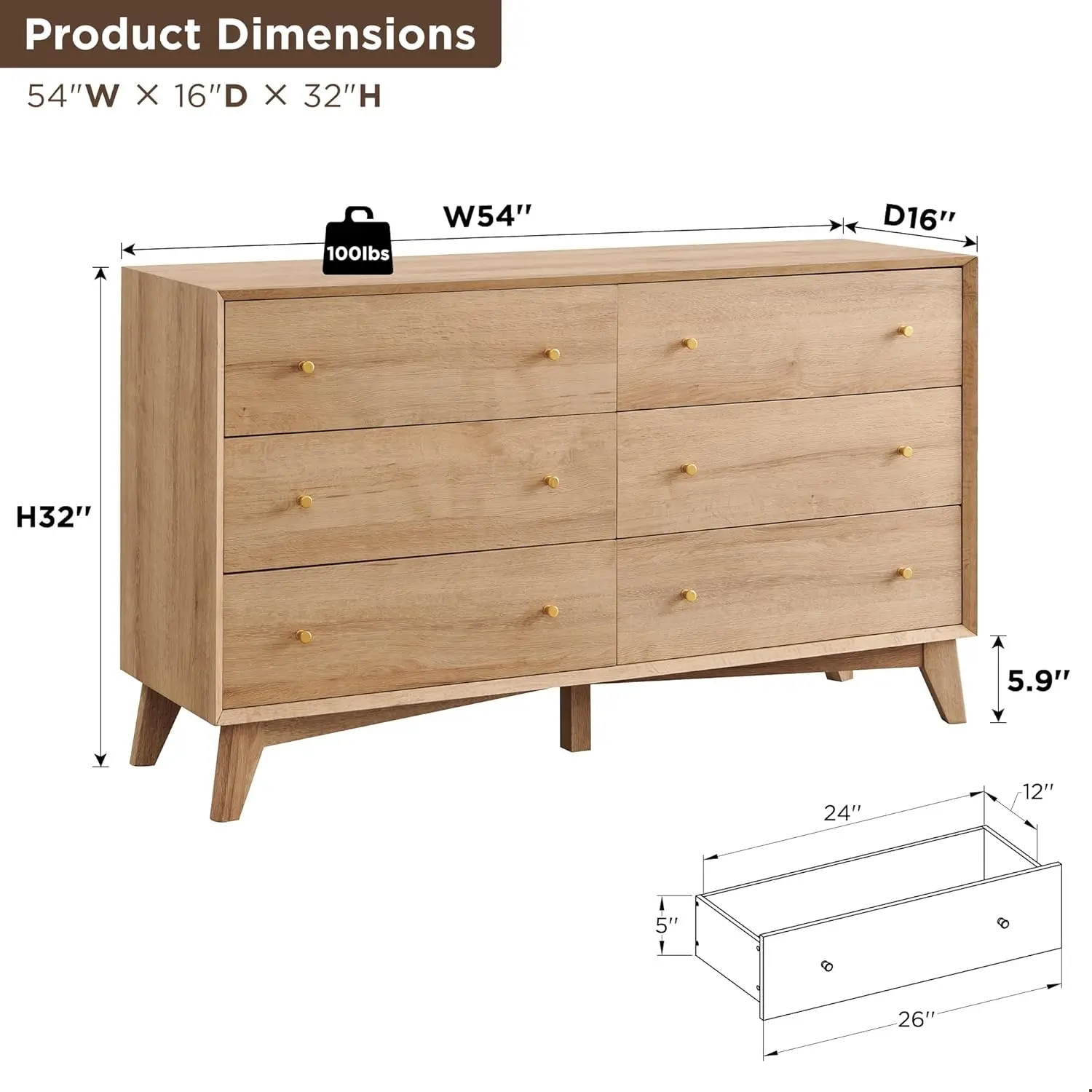 6 Drawer Dresser, 54" Wide Mid Century Modern Chest of Drawers, Beveled Profile Design, Wood Drawer Organizer
