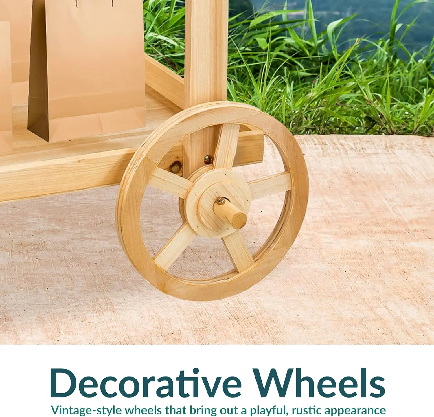 Country Market Flower Cart Display Stand with Wheels ，2 Shelves，Fir Wood，30 lb Weight Capacity ，Natural Fir