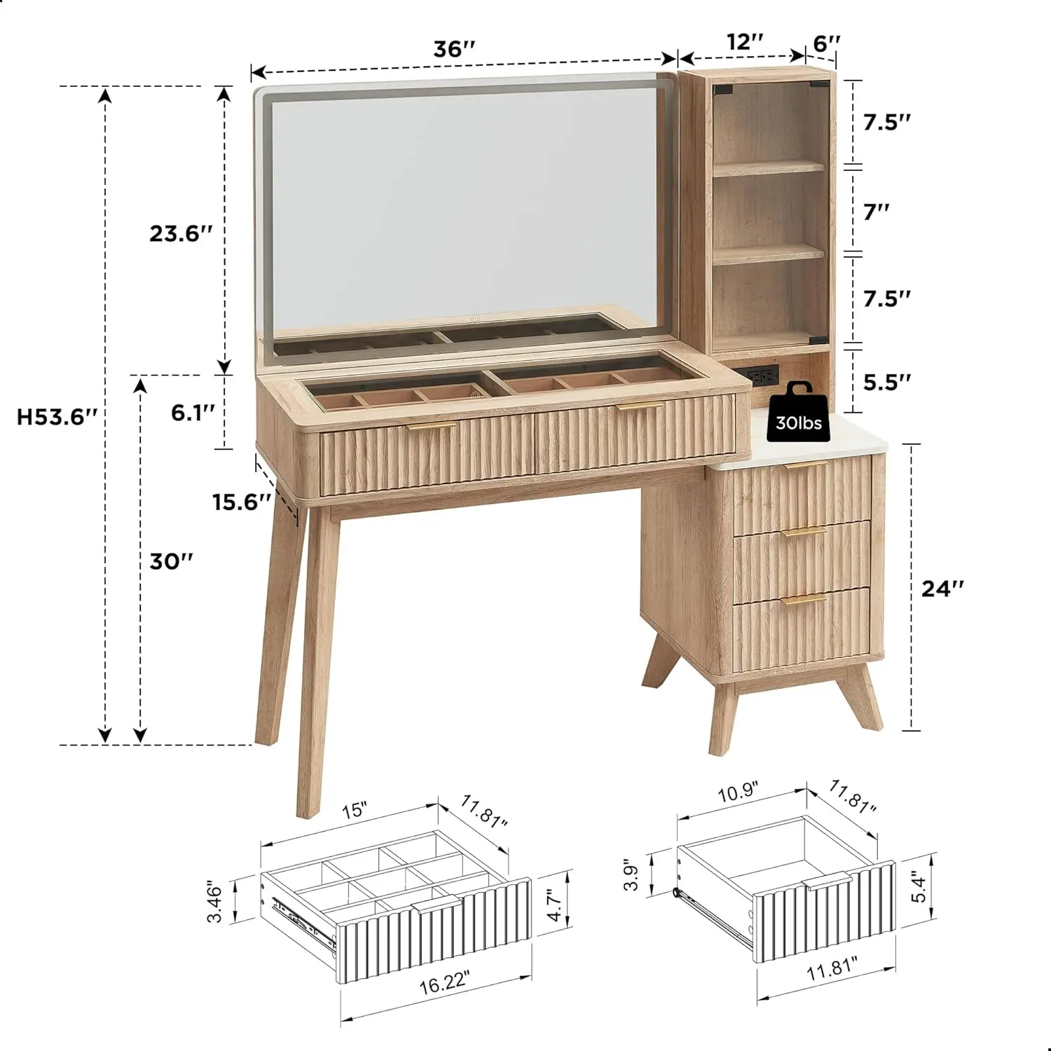 48" Fluted Makeup Vanity Desk with Large 36" Mirror and Lights, Modern Glass Top Big Vanity Table with 5 Drawers , Oak