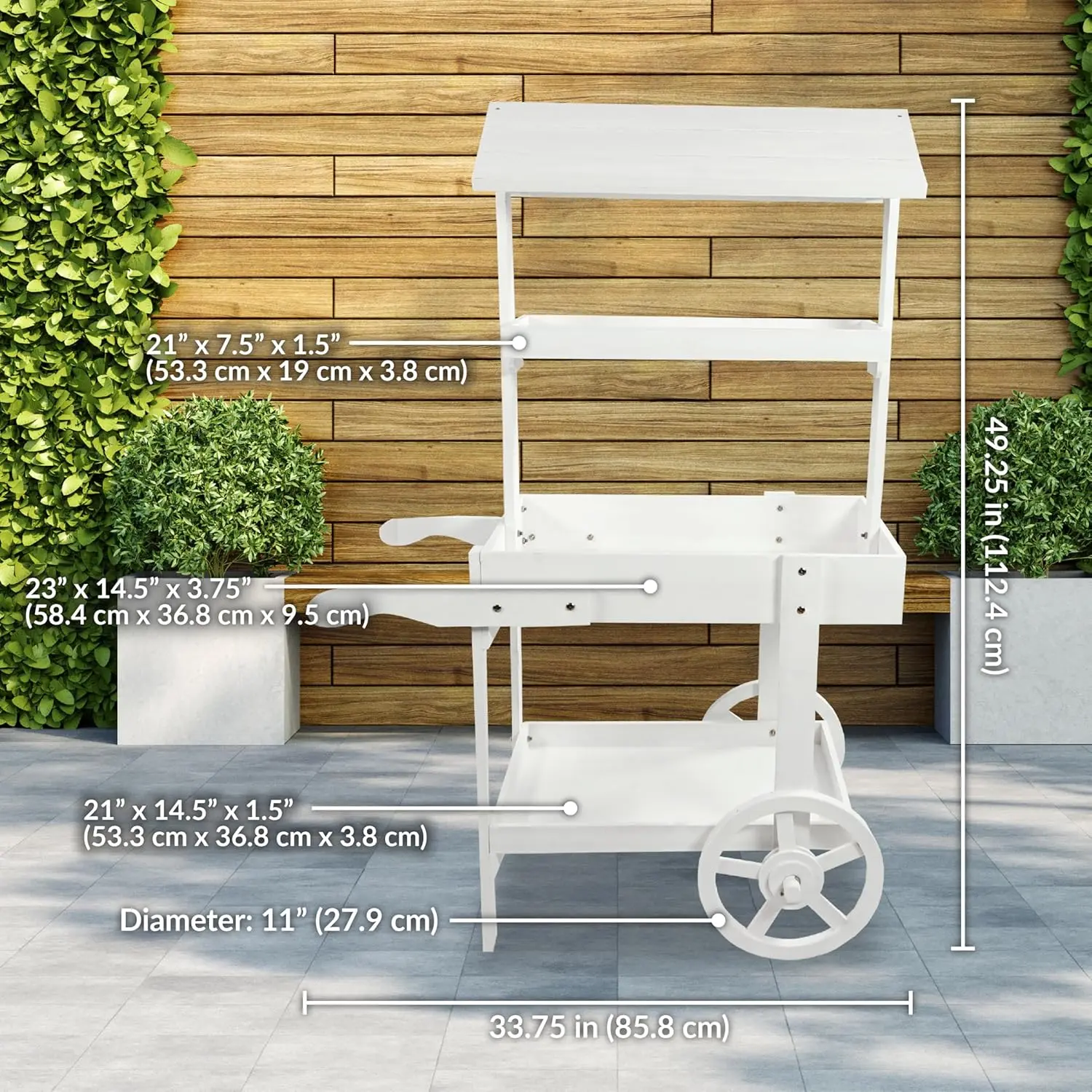 Country Market Flower Cart Display Stand with Wheels ，2 Shelves，Fir Wood，30 lb Weight Capacity ，Natural Fir
