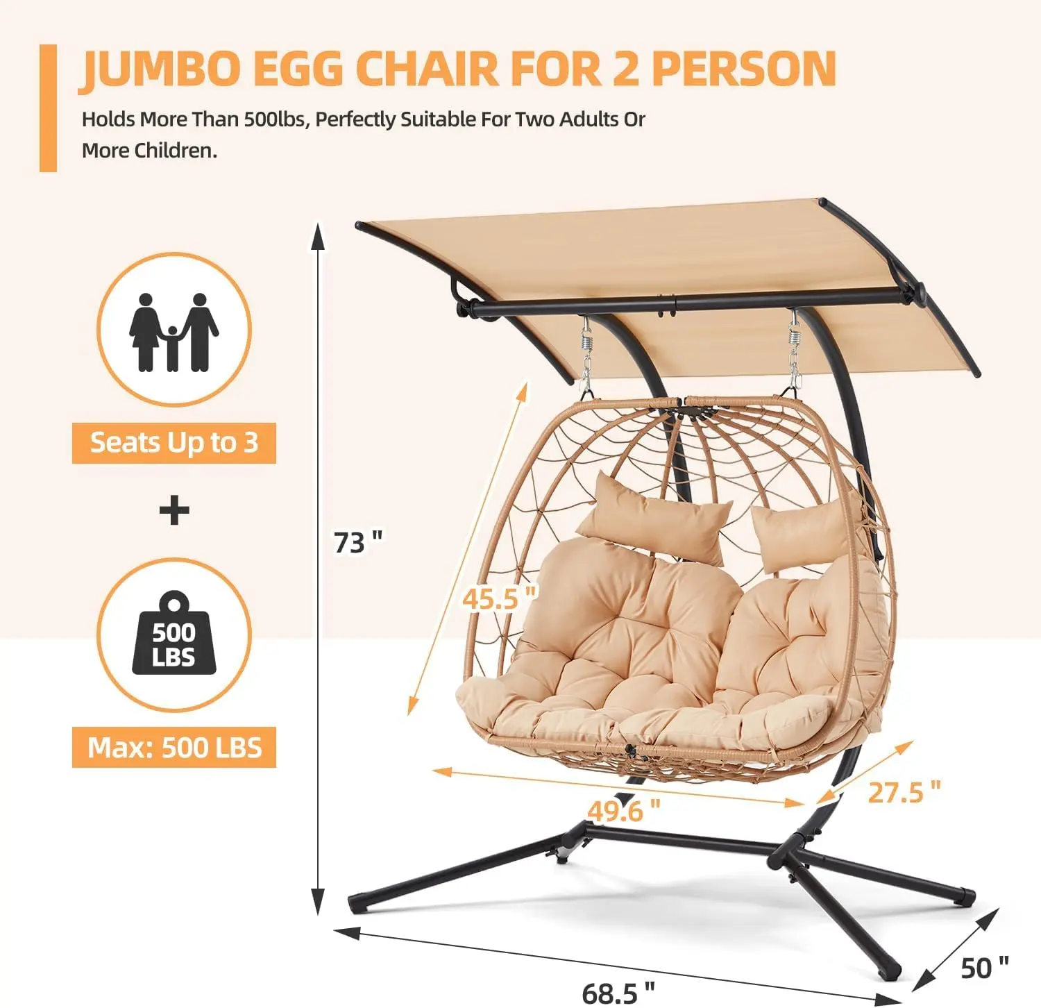 Oversized Double Egg Chair with Adjustable Canopy, Patio Hanging Swing Chair, Hammock Chair with Cushion