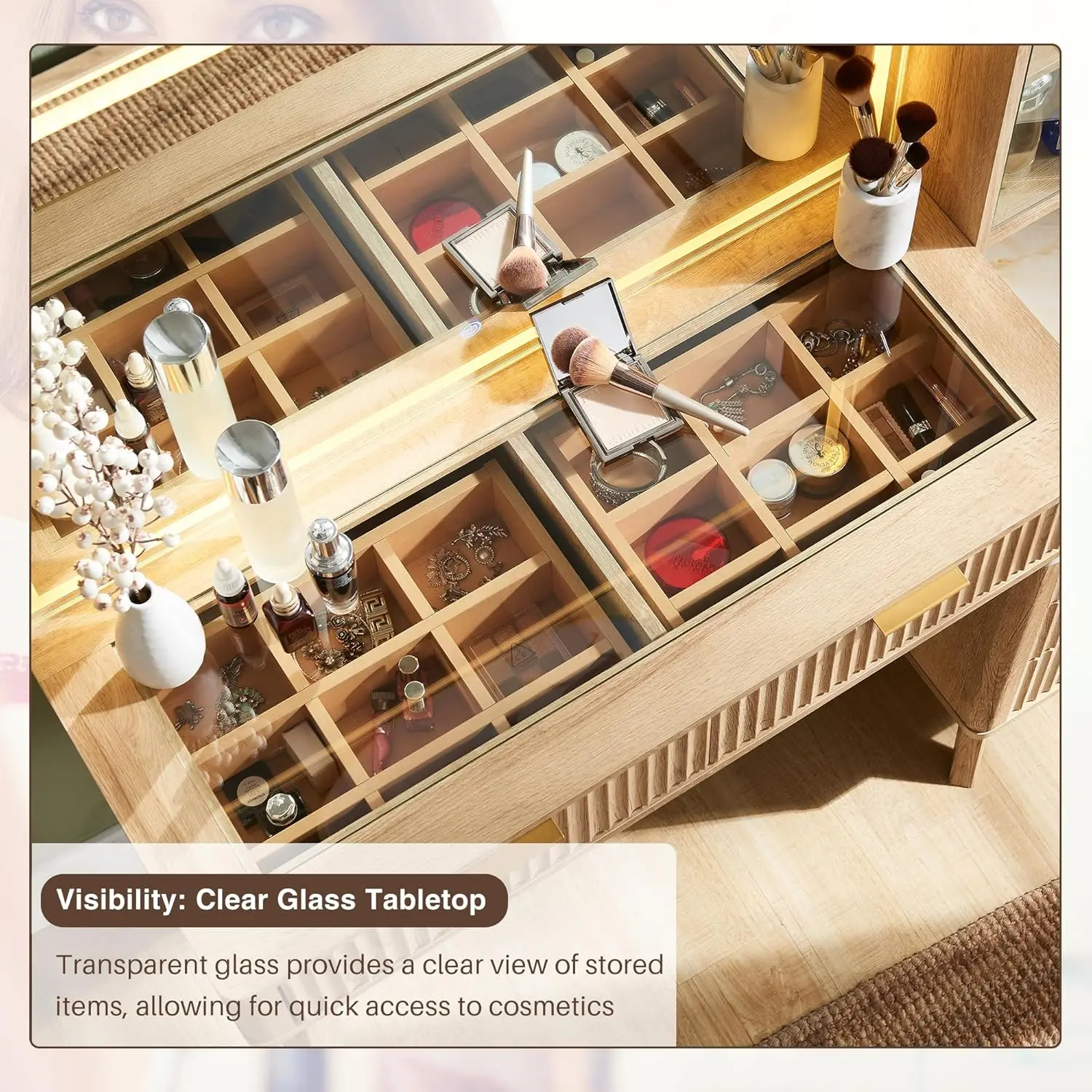 48" Fluted Makeup Vanity Desk with Large 36" Mirror and Lights, Modern Glass Top Big Vanity Table with 5 Drawers , Oak
