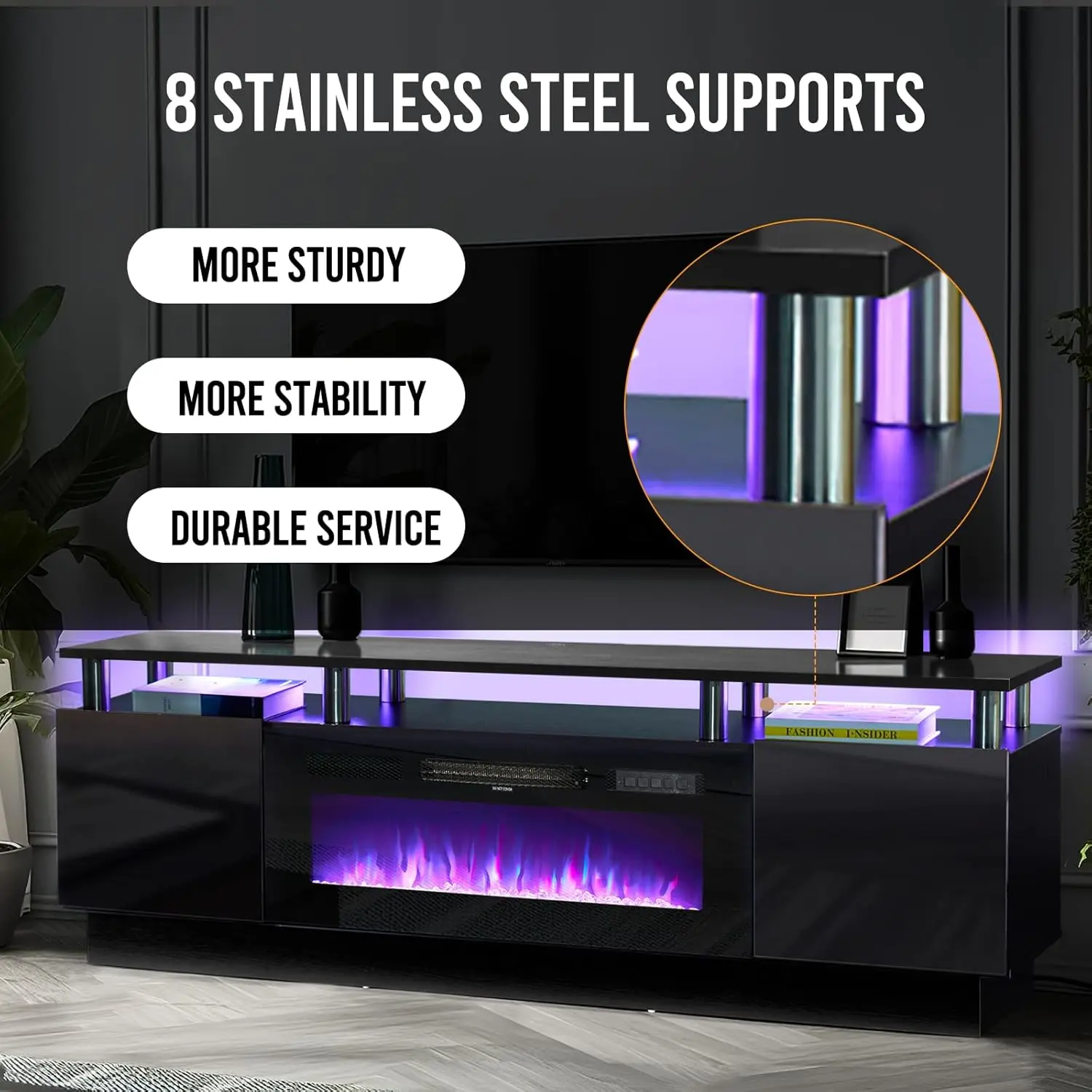70" Modern Electric Fireplace TV Stand for TVs Up to 80 inch, with Electronic Flame and LED Lights, TV Console Cabinet , Black