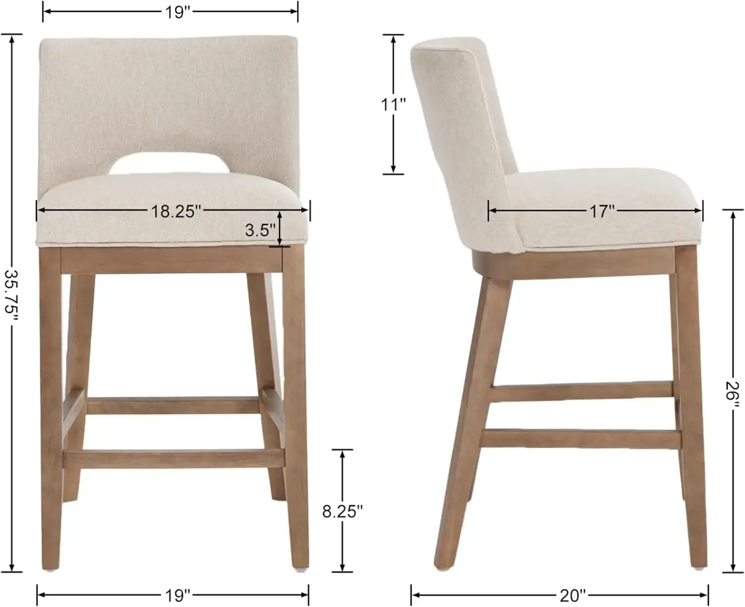 Farmhouse Bar Stools Set of 4, 26" Counter Height Barstools, Linen Upholstered Barstools with Open Back , Beige