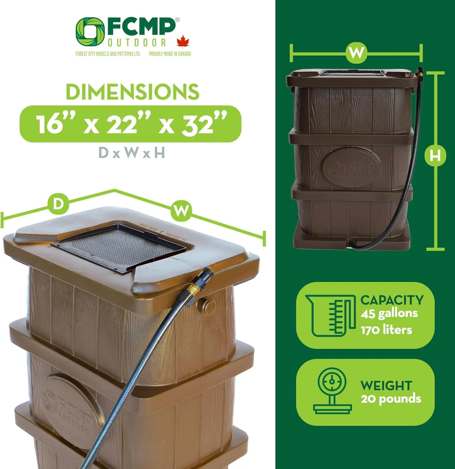 Slim Line Design 45-Gallon Wood Grain Outdoor Home Rain Water Catcher Barrel Flat Back Container with Spigots&Mesh Screen, Brown