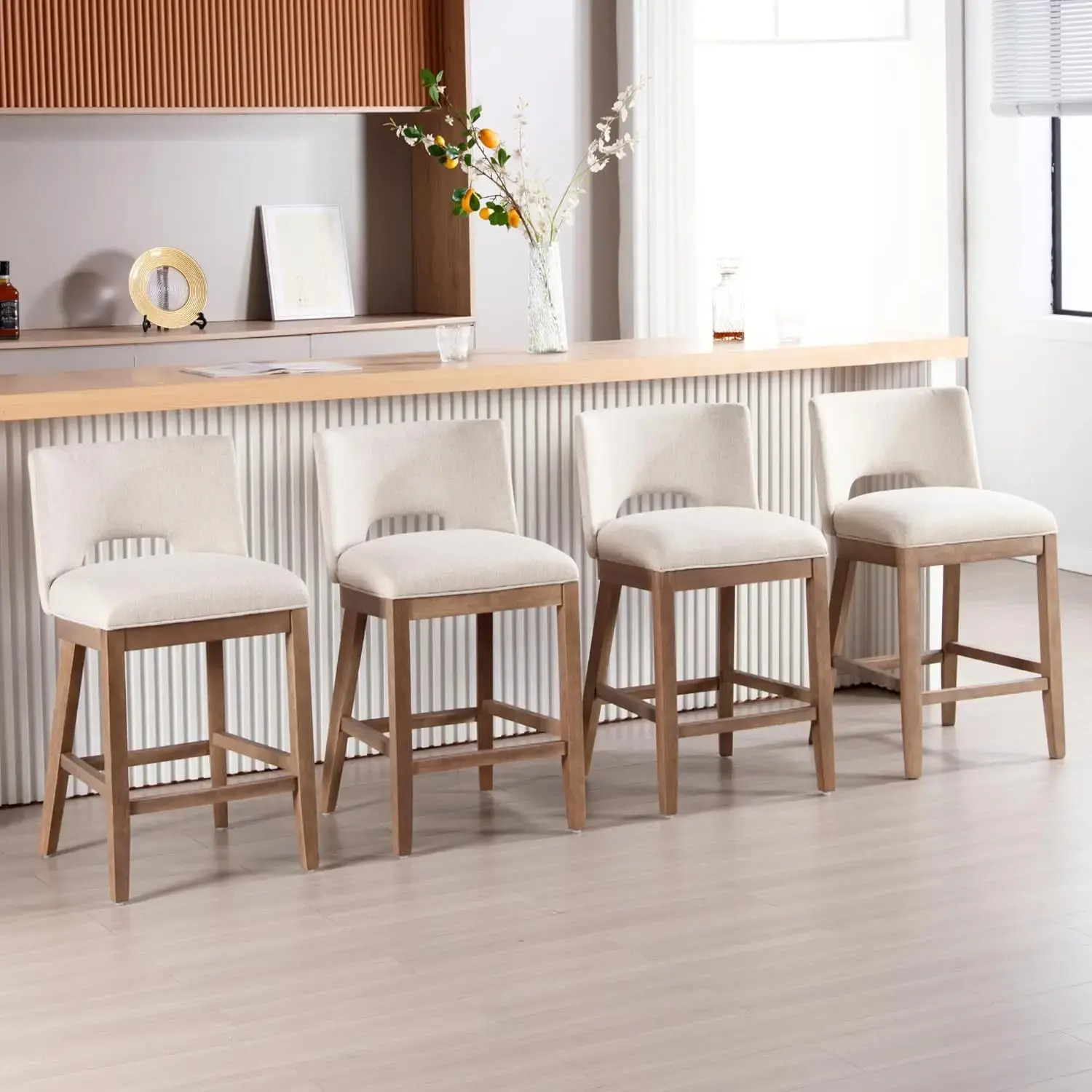 Farmhouse Bar Stools Set of 4, 26" Counter Height Barstools, Linen Upholstered Barstools with Open Back , Beige