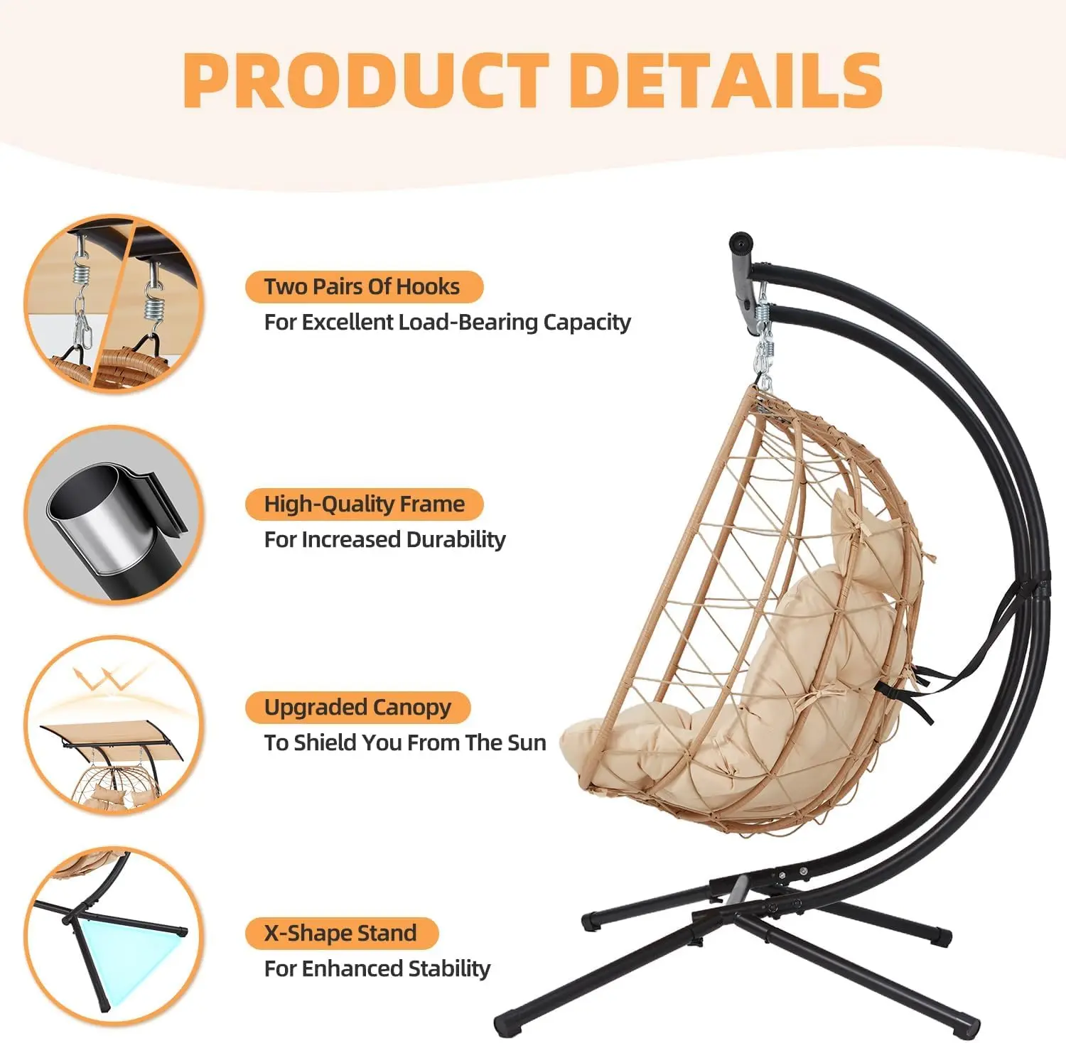 Oversized Double Egg Chair with Adjustable Canopy, Patio Hanging Swing Chair, Hammock Chair with Cushion