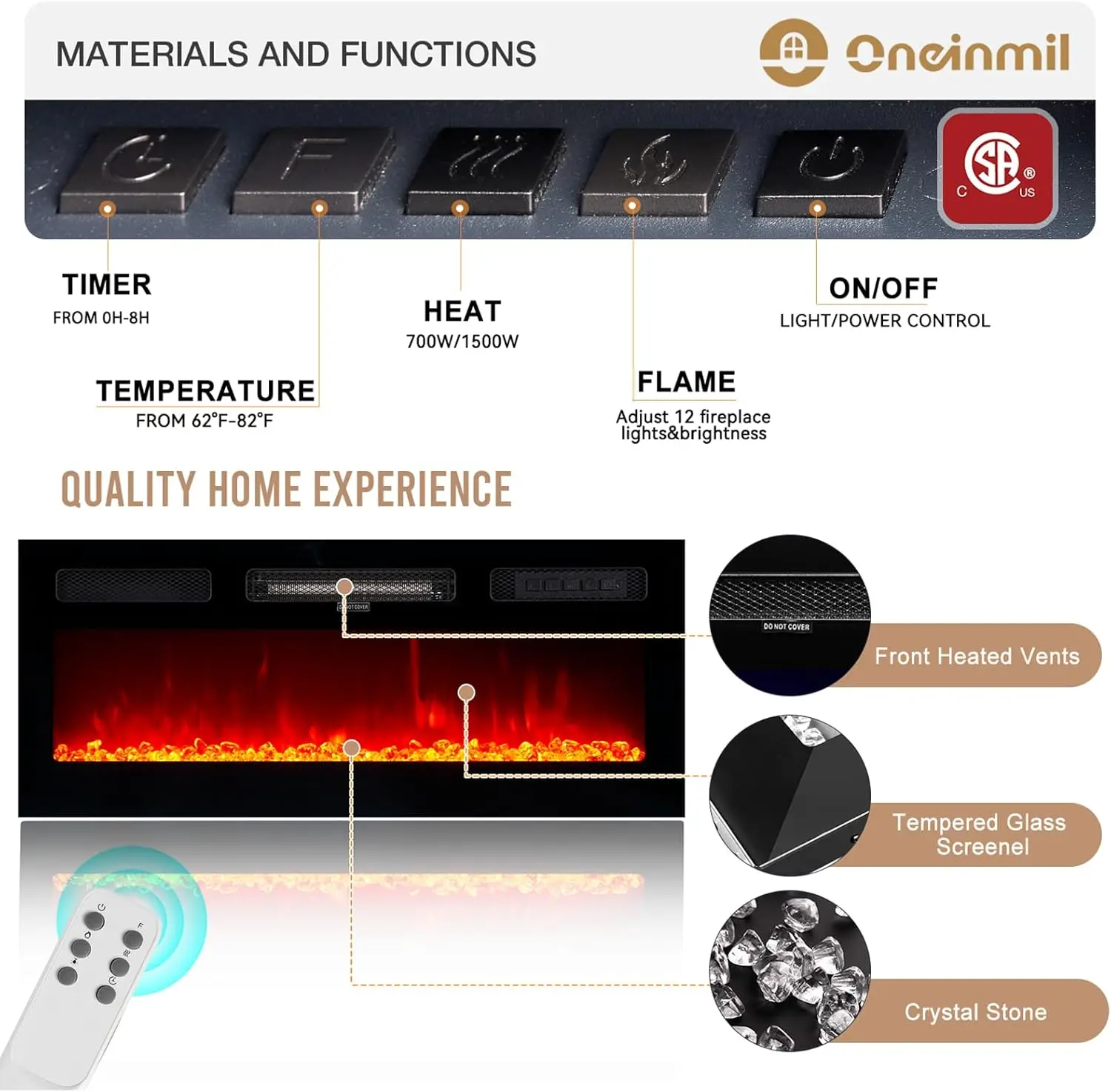 70" Modern Electric Fireplace TV Stand for TVs Up to 80 inch, with Electronic Flame and LED Lights, TV Console Cabinet , Black