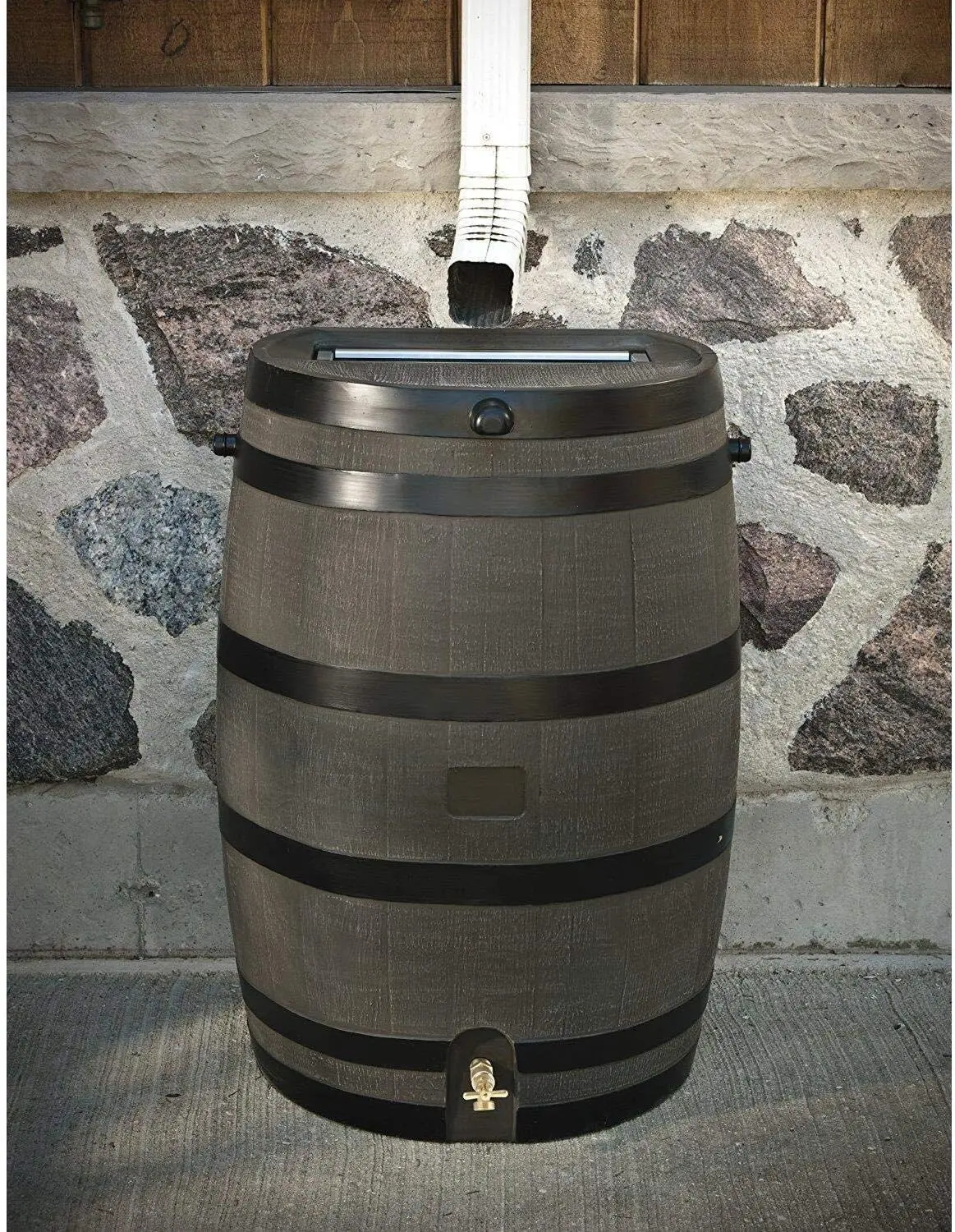 50-Gallon Rain Water Collection Barrel with Brass Spigot, Wood Grain