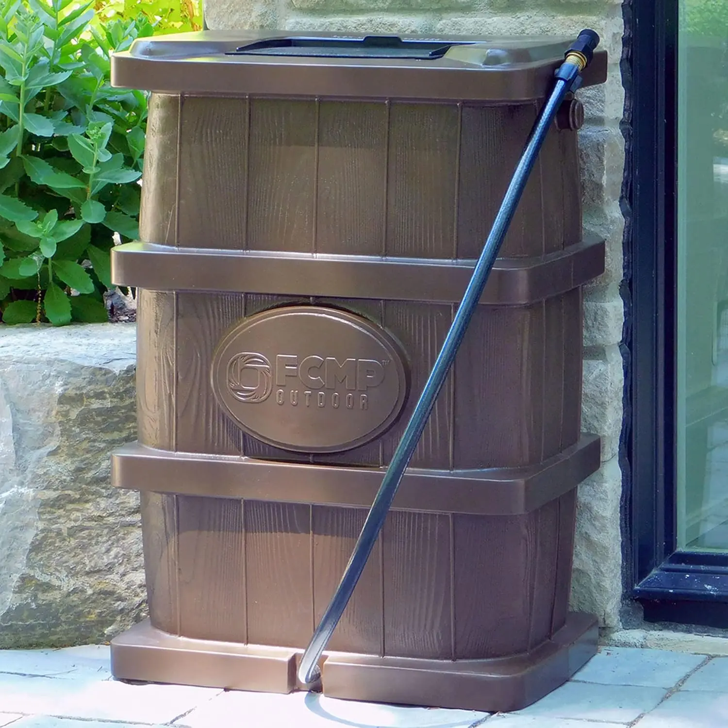 Slim Line Design 45-Gallon Wood Grain Outdoor Home Rain Water Catcher Barrel Flat Back Container with Spigots&Mesh Screen, Brown