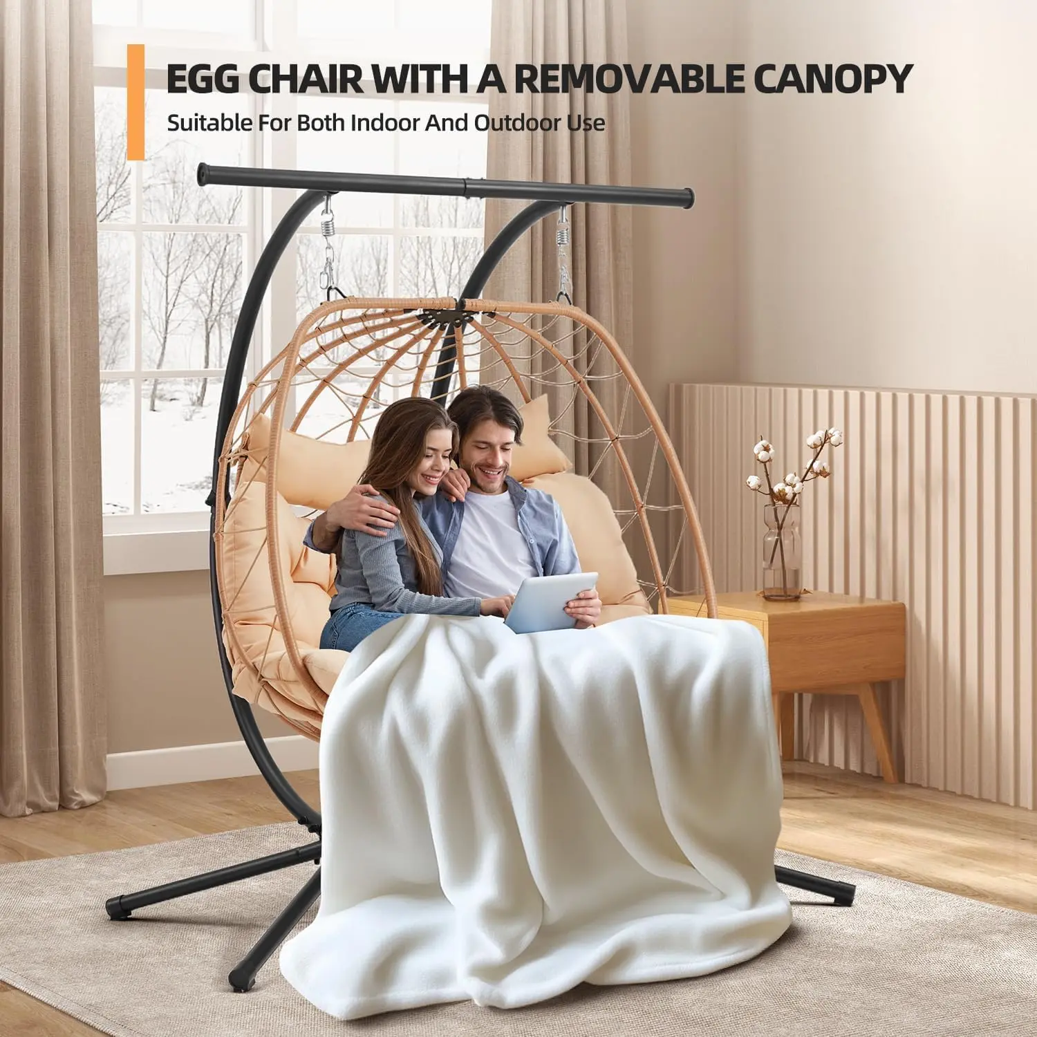 Oversized Double Egg Chair with Adjustable Canopy, Patio Hanging Swing Chair, Hammock Chair with Cushion