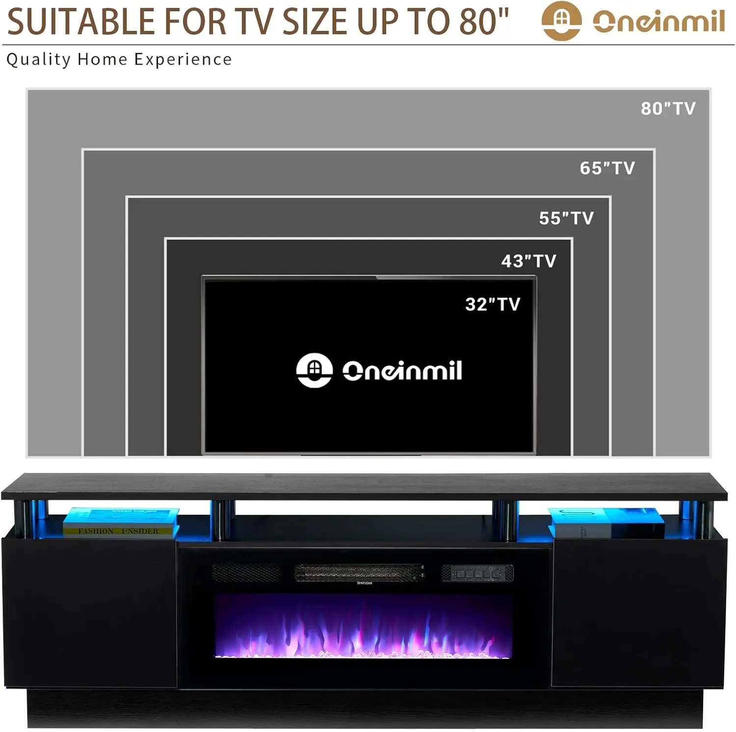 70" Modern Electric Fireplace TV Stand for TVs Up to 80 inch, with Electronic Flame and LED Lights, TV Console Cabinet , Black