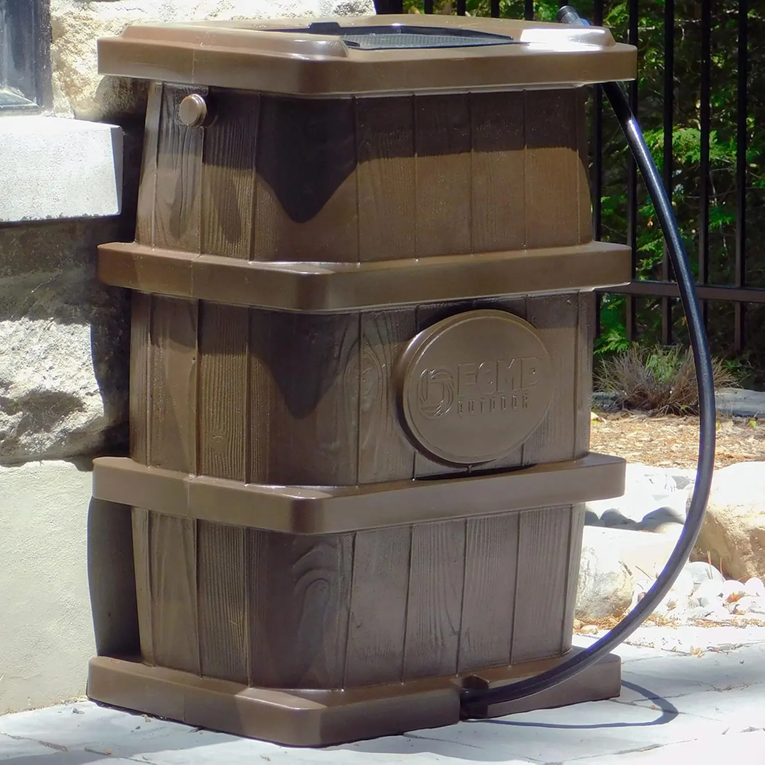 Slim Line Design 45-Gallon Wood Grain Outdoor Home Rain Water Catcher Barrel Flat Back Container with Spigots&Mesh Screen, Brown