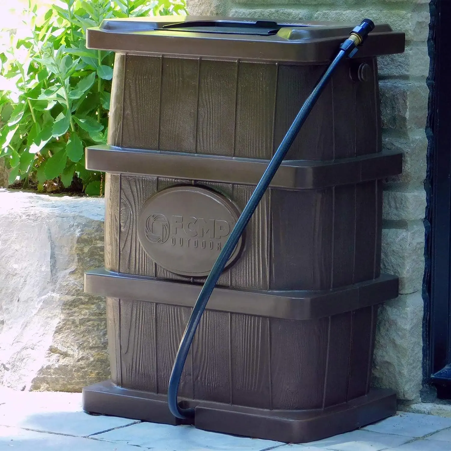 Slim Line Design 45-Gallon Wood Grain Outdoor Home Rain Water Catcher Barrel Flat Back Container with Spigots&Mesh Screen, Brown