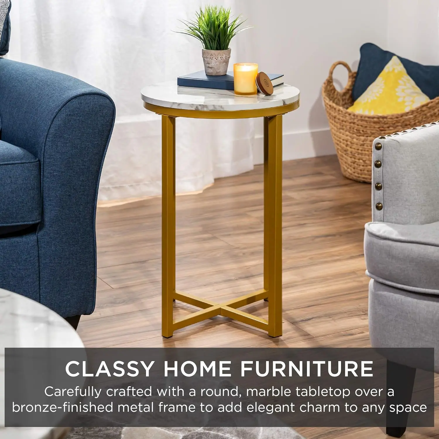 16in Faux Marble Accent Table, Modern End Table, Small Coffee Table Home Decor for Living Room, Dining Room, Tea, Coffee