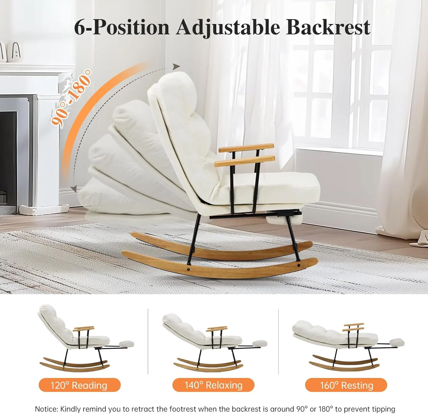 Rocking Chair with Footrest-Glider Rocker Chair with Retractable Footrest &Adjustable Backrest,Teddy Upholstered Rocking Chair