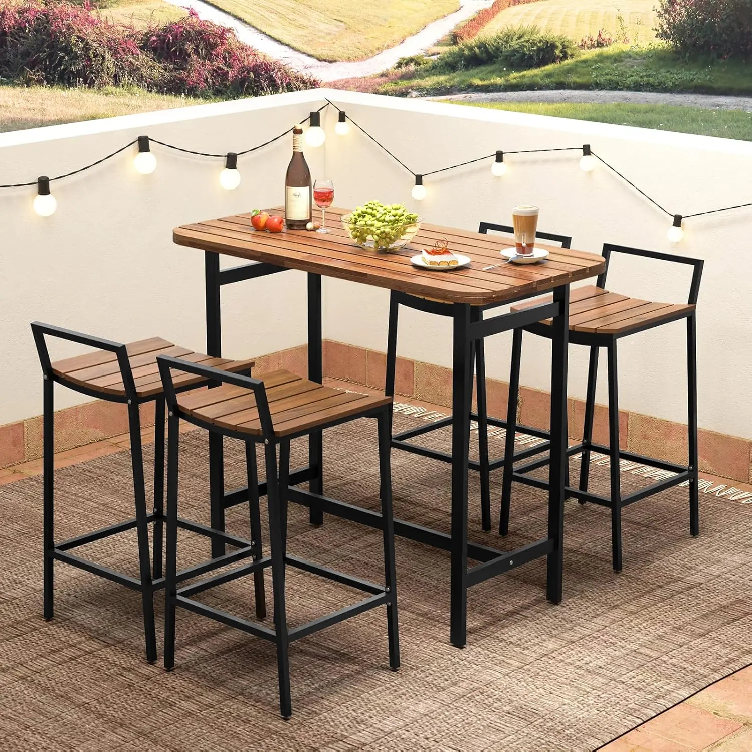 5 Piece Acacia Wood Bar Table Set, Outdoor Bar Height Table & Chairs with Metal Frame & Footrest, Patio Bar Table Set for 4