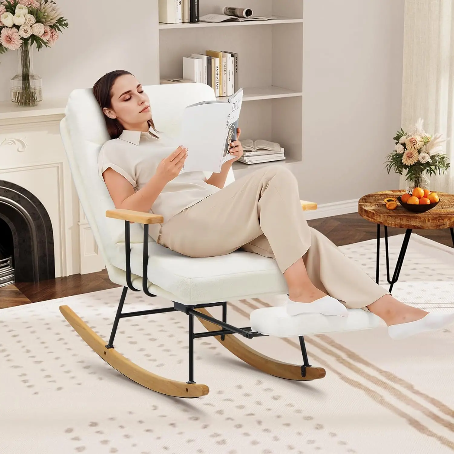 Rocking Chair with Footrest-Glider Rocker Chair with Retractable Footrest &Adjustable Backrest,Teddy Upholstered Rocking Chair
