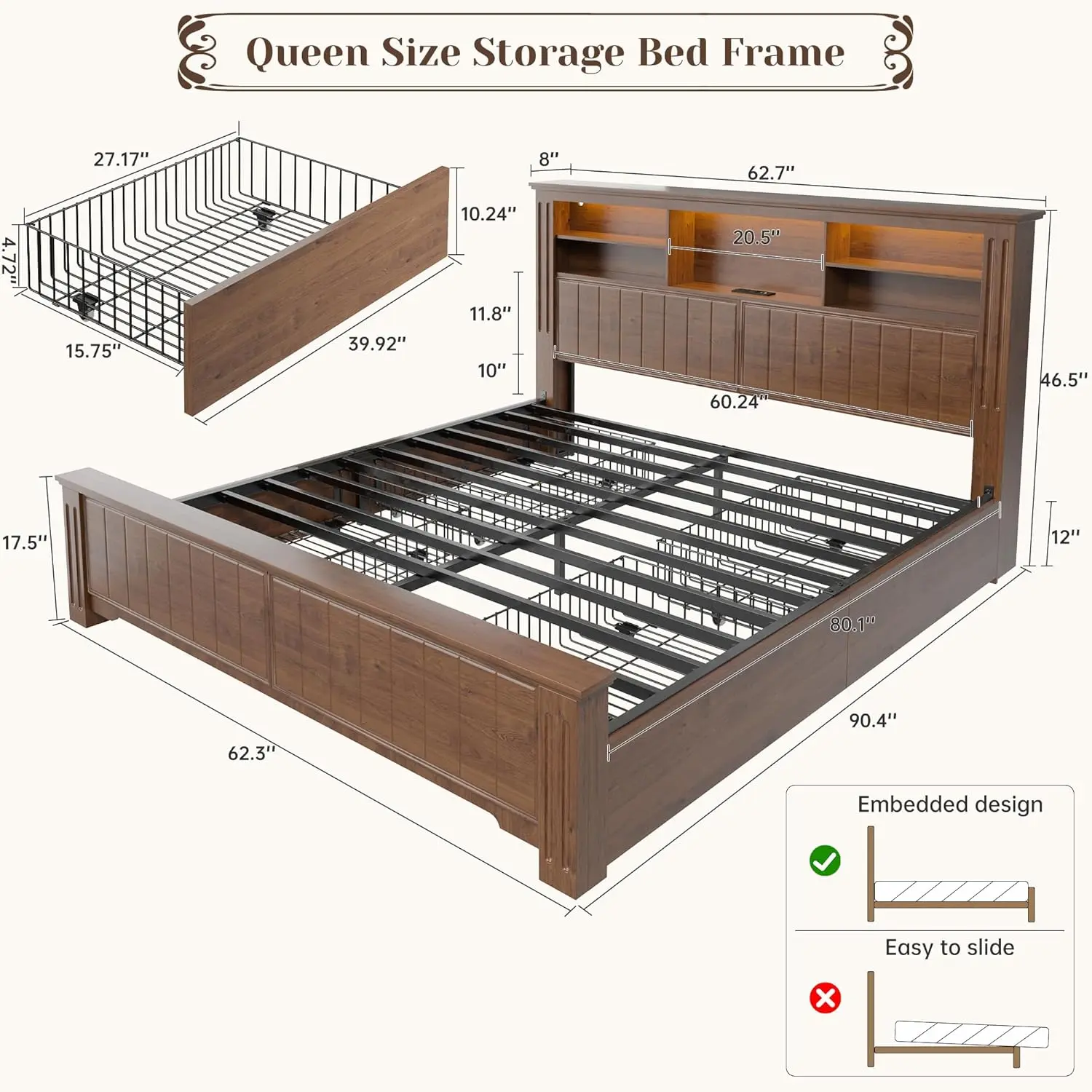 Queen Bed Frame with 4 Storage Drawers LED Queen Bed Frame with Headboard Bed Frame Queen Size Built in Charging Station