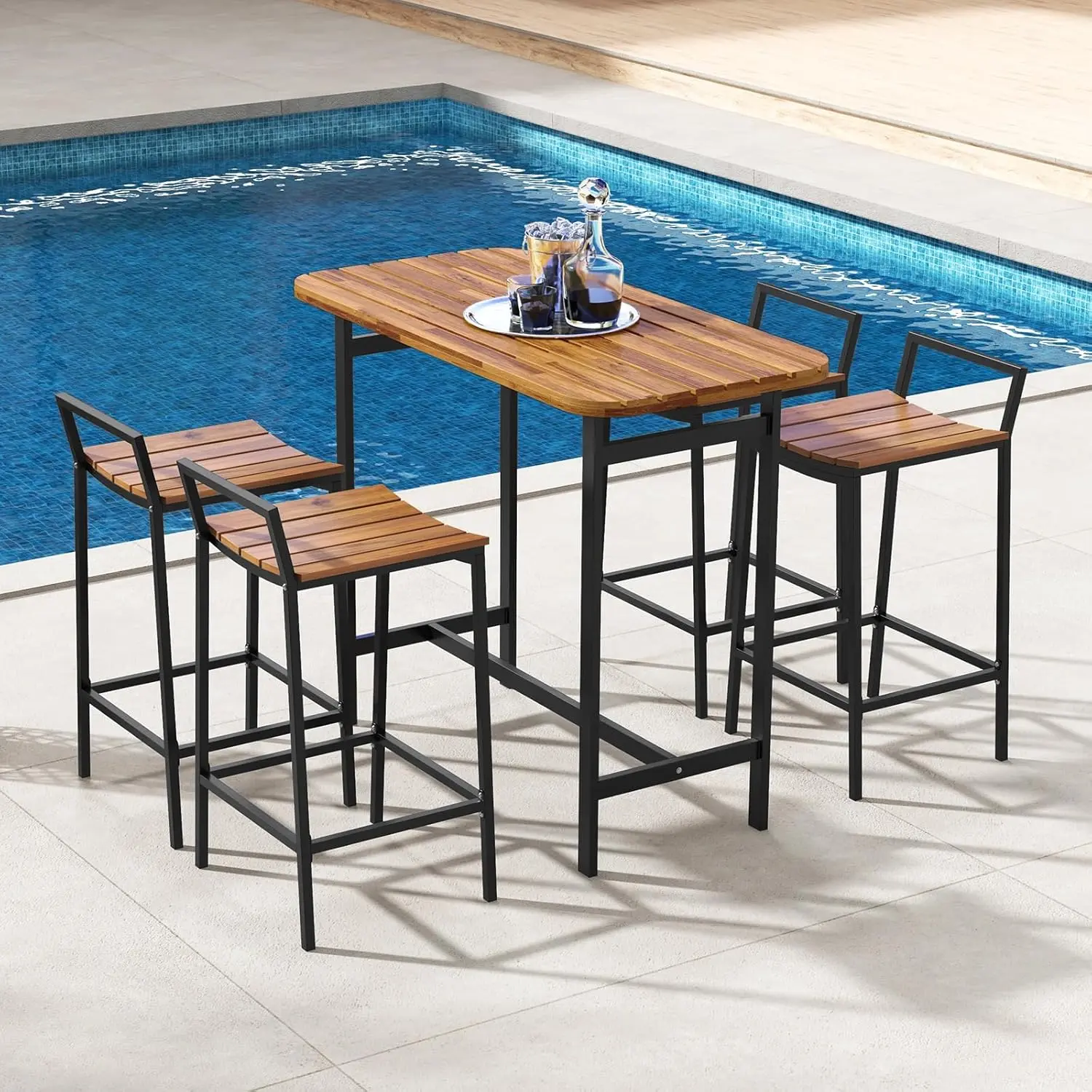 5 Piece Acacia Wood Bar Table Set, Outdoor Bar Height Table & Chairs with Metal Frame & Footrest, Patio Bar Table Set for 4