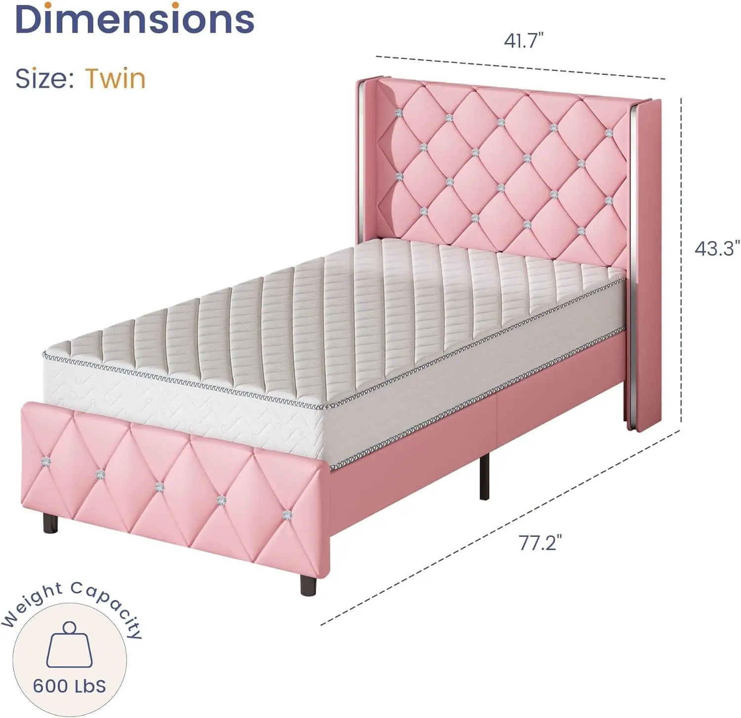 Twin Bed Frame, Upholstered Bed Frame with Diamond Tufted Headboard, Twin Bed Frames for Girls, Cute Princess Bed, Faux Leather