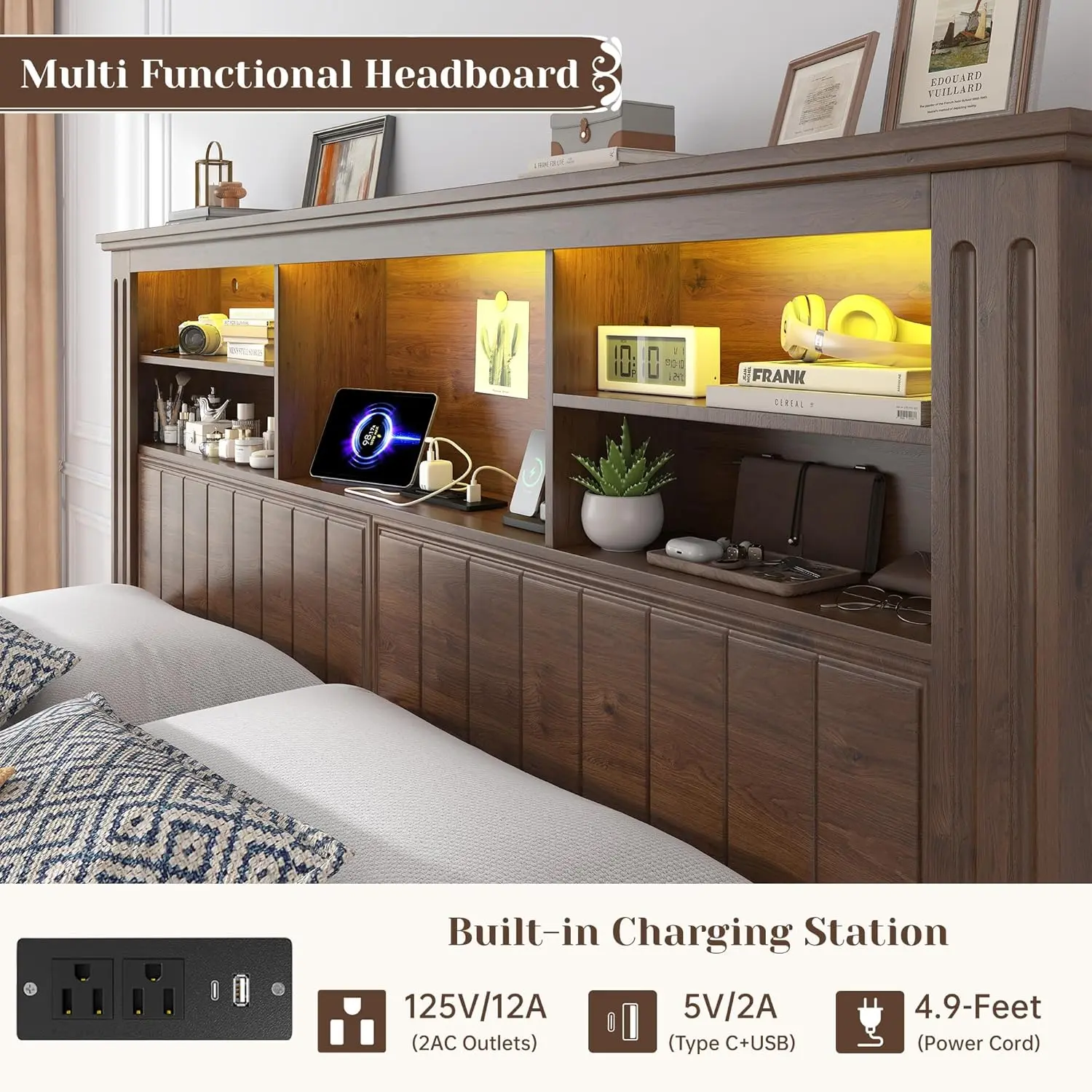 Queen Bed Frame with 4 Storage Drawers LED Queen Bed Frame with Headboard Bed Frame Queen Size Built in Charging Station