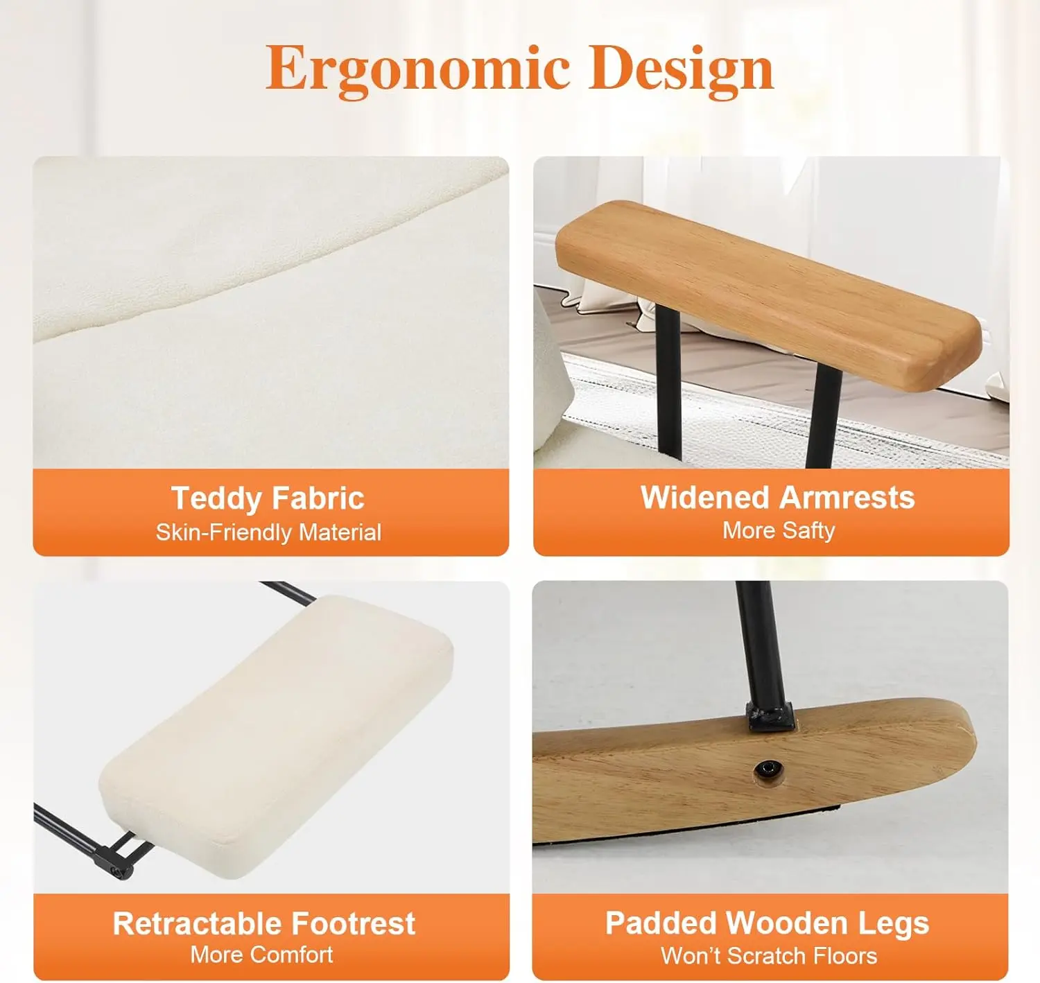 Rocking Chair with Footrest-Glider Rocker Chair with Retractable Footrest &Adjustable Backrest,Teddy Upholstered Rocking Chair
