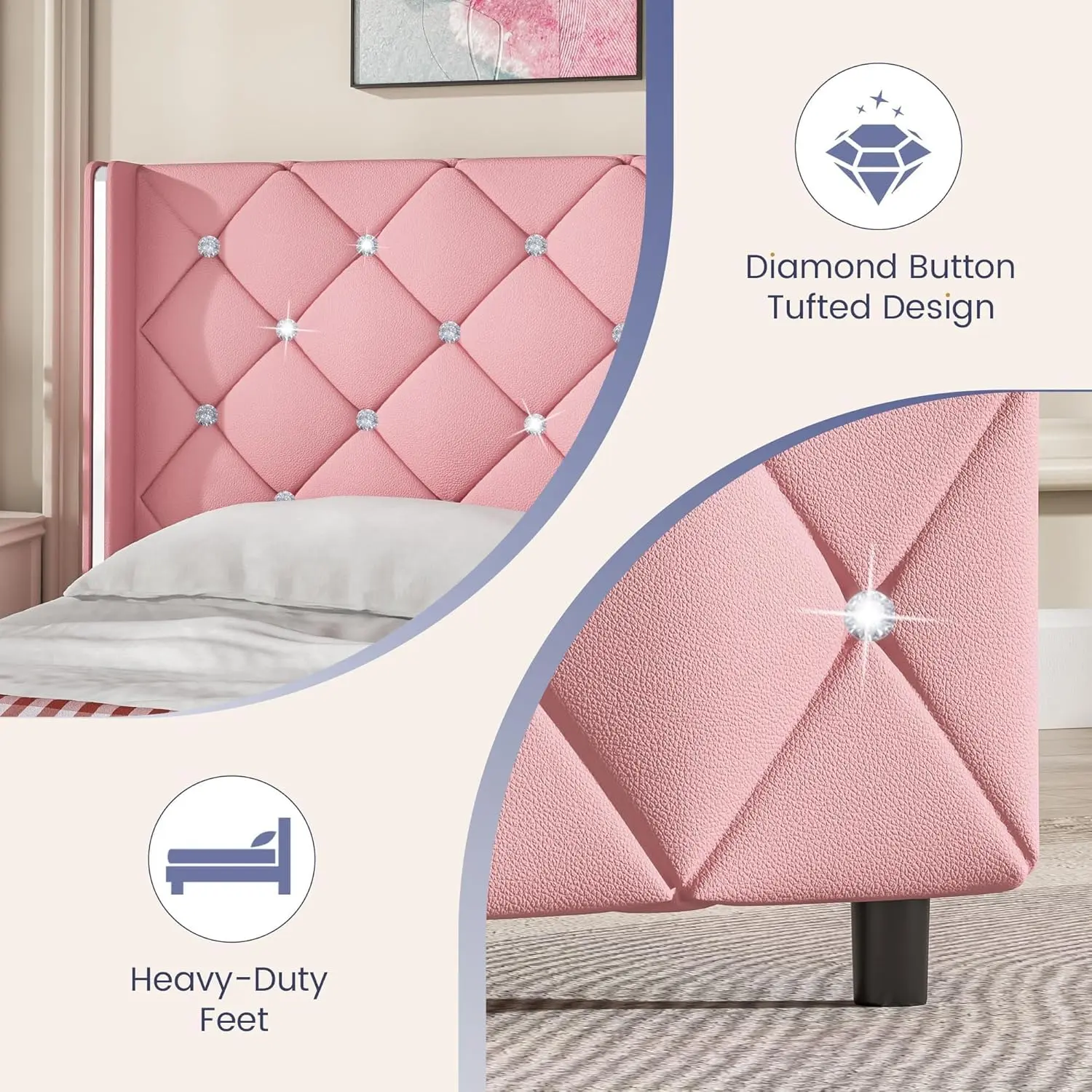 Twin Bed Frame, Upholstered Bed Frame with Diamond Tufted Headboard, Twin Bed Frames for Girls, Cute Princess Bed, Faux Leather