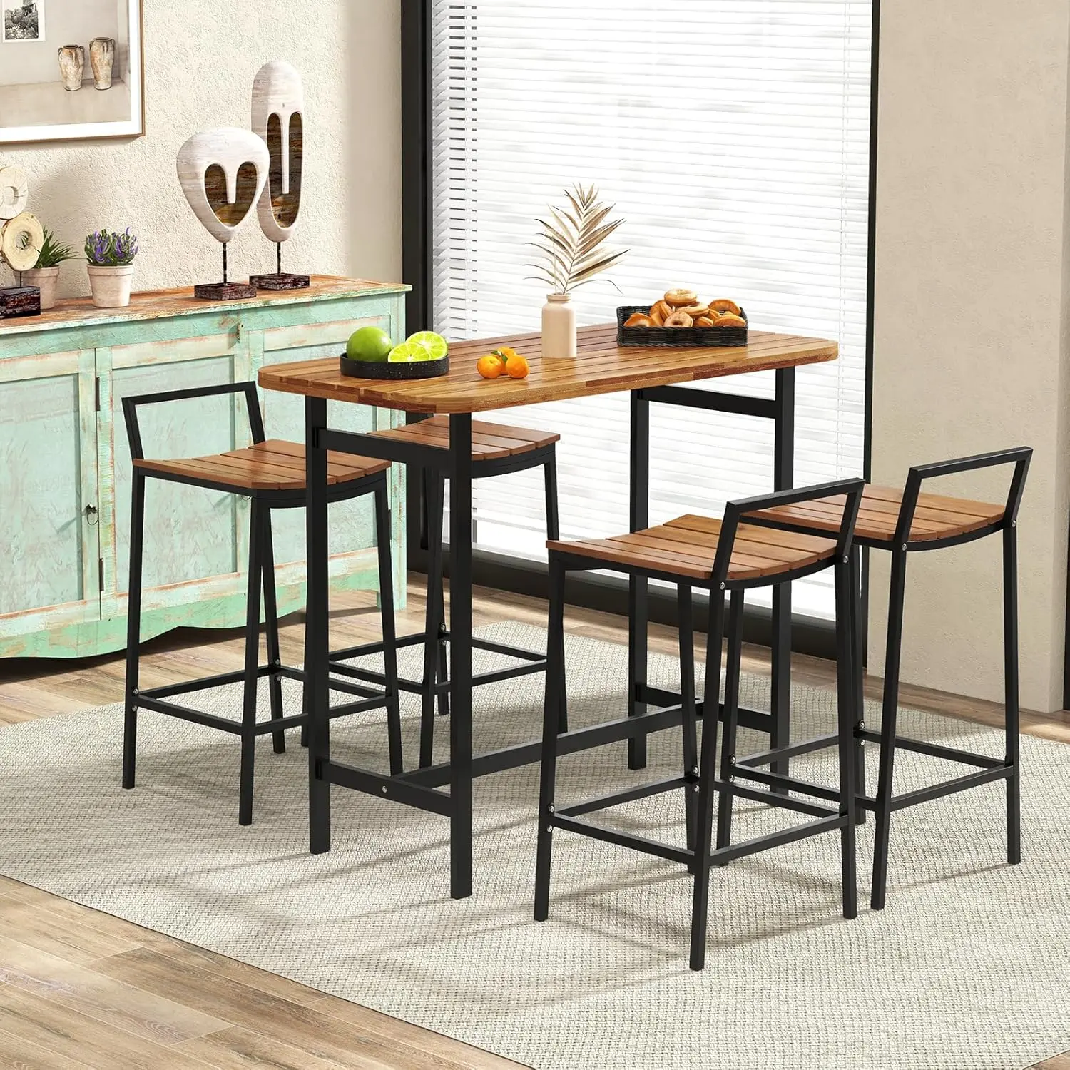 5 Piece Acacia Wood Bar Table Set, Outdoor Bar Height Table & Chairs with Metal Frame & Footrest, Patio Bar Table Set for 4