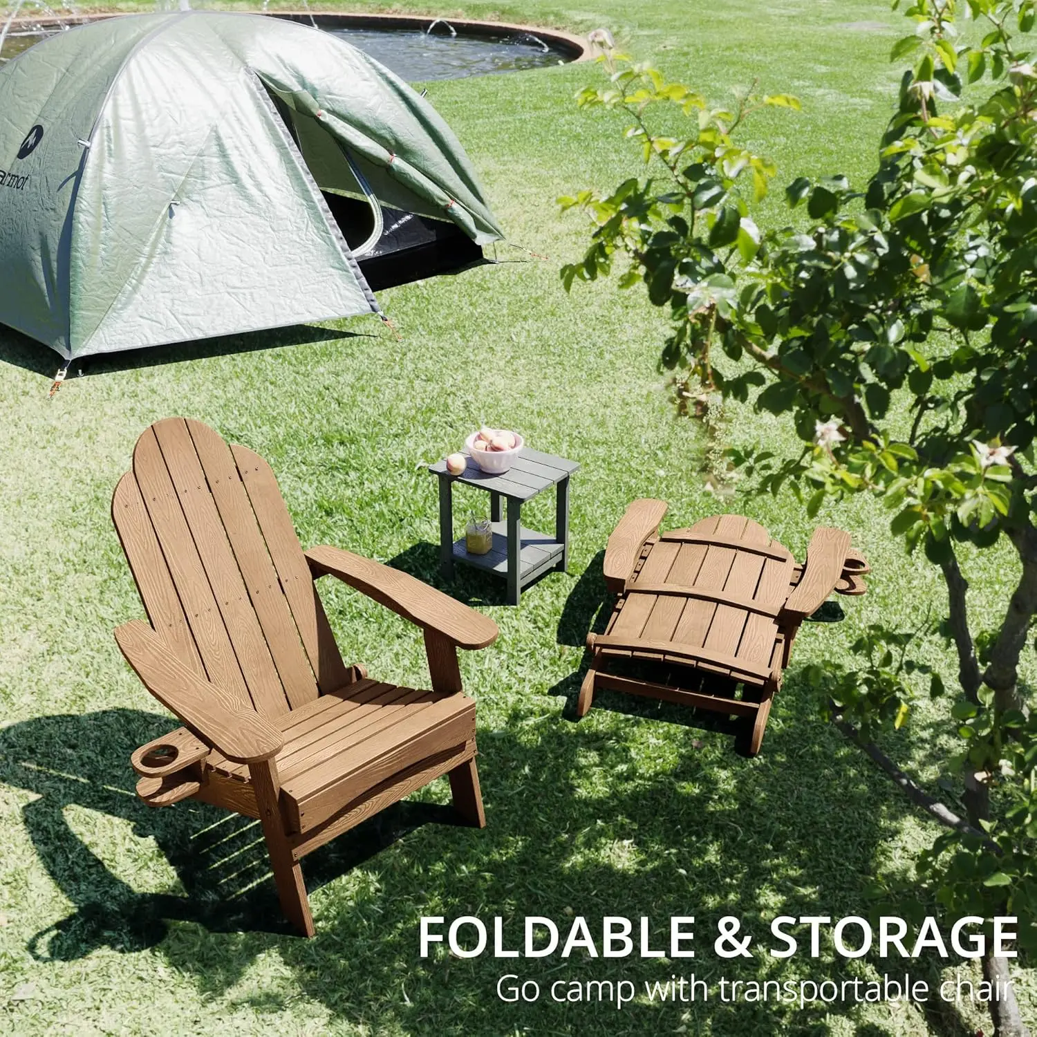 Folding Adirondack Chair Set of 4, Brown HDPS Fire Pit Patio Chairs Weather Resistant, Modern Plastic Outdoor Chairs