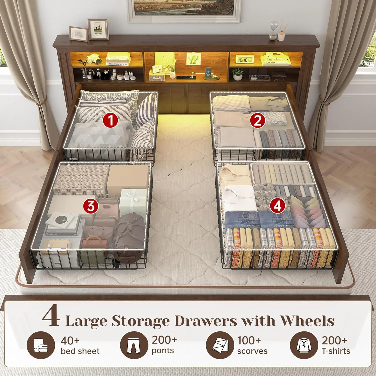 Queen Bed Frame with 4 Storage Drawers LED Queen Bed Frame with Headboard Bed Frame Queen Size Built in Charging Station