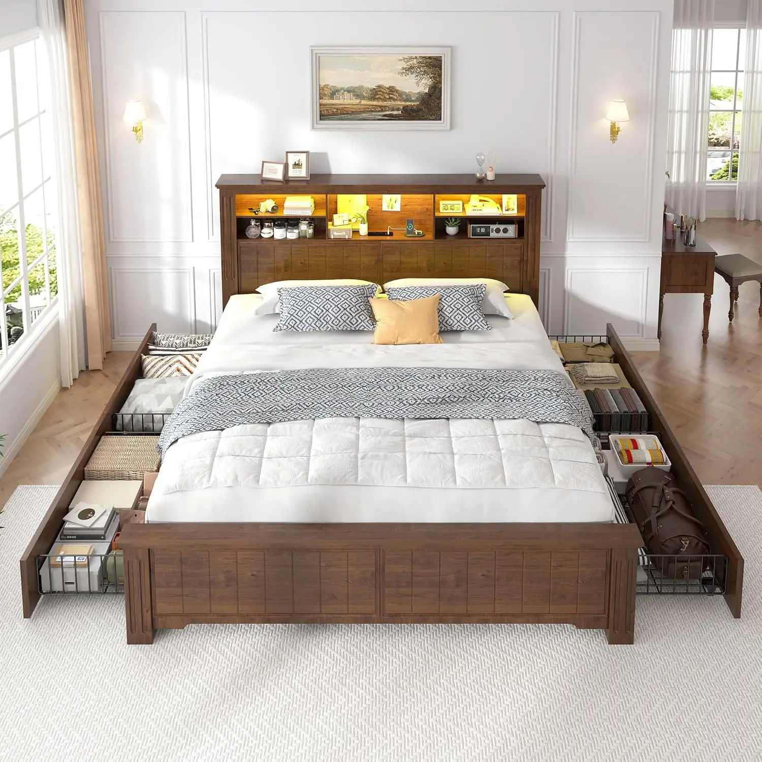 Queen Bed Frame with 4 Storage Drawers LED Queen Bed Frame with Headboard Bed Frame Queen Size Built in Charging Station