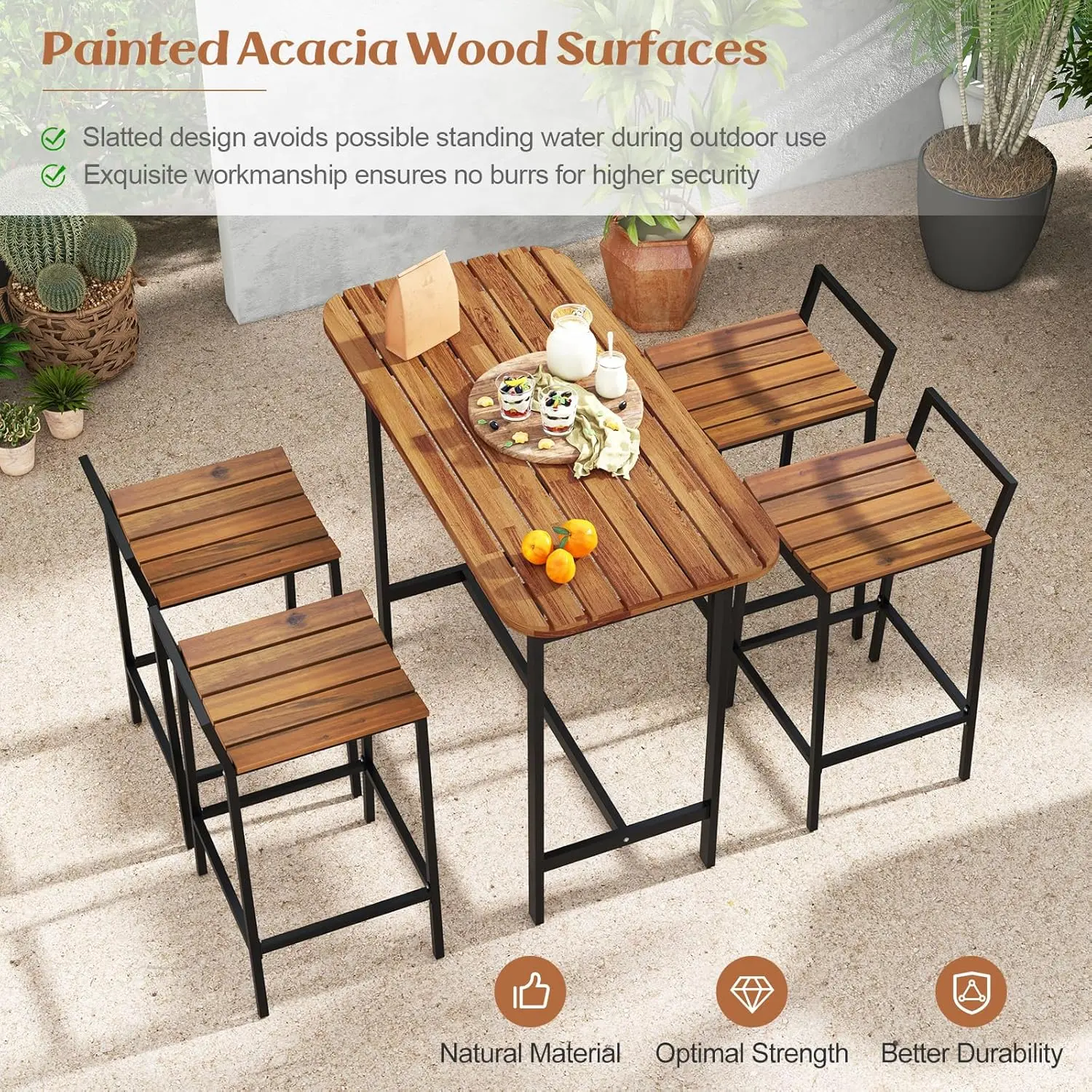 5 Piece Acacia Wood Bar Table Set, Outdoor Bar Height Table & Chairs with Metal Frame & Footrest, Patio Bar Table Set for 4