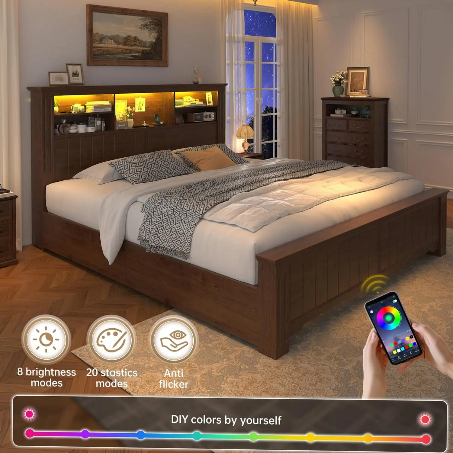 Queen Bed Frame with 4 Storage Drawers LED Queen Bed Frame with Headboard Bed Frame Queen Size Built in Charging Station