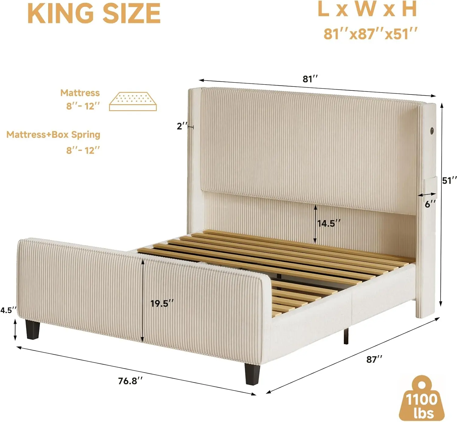 King Size Bed Frame and Headboard, Upholstered King Bed Frame with Tall Wingback Headboard & Footboard, USB Ports